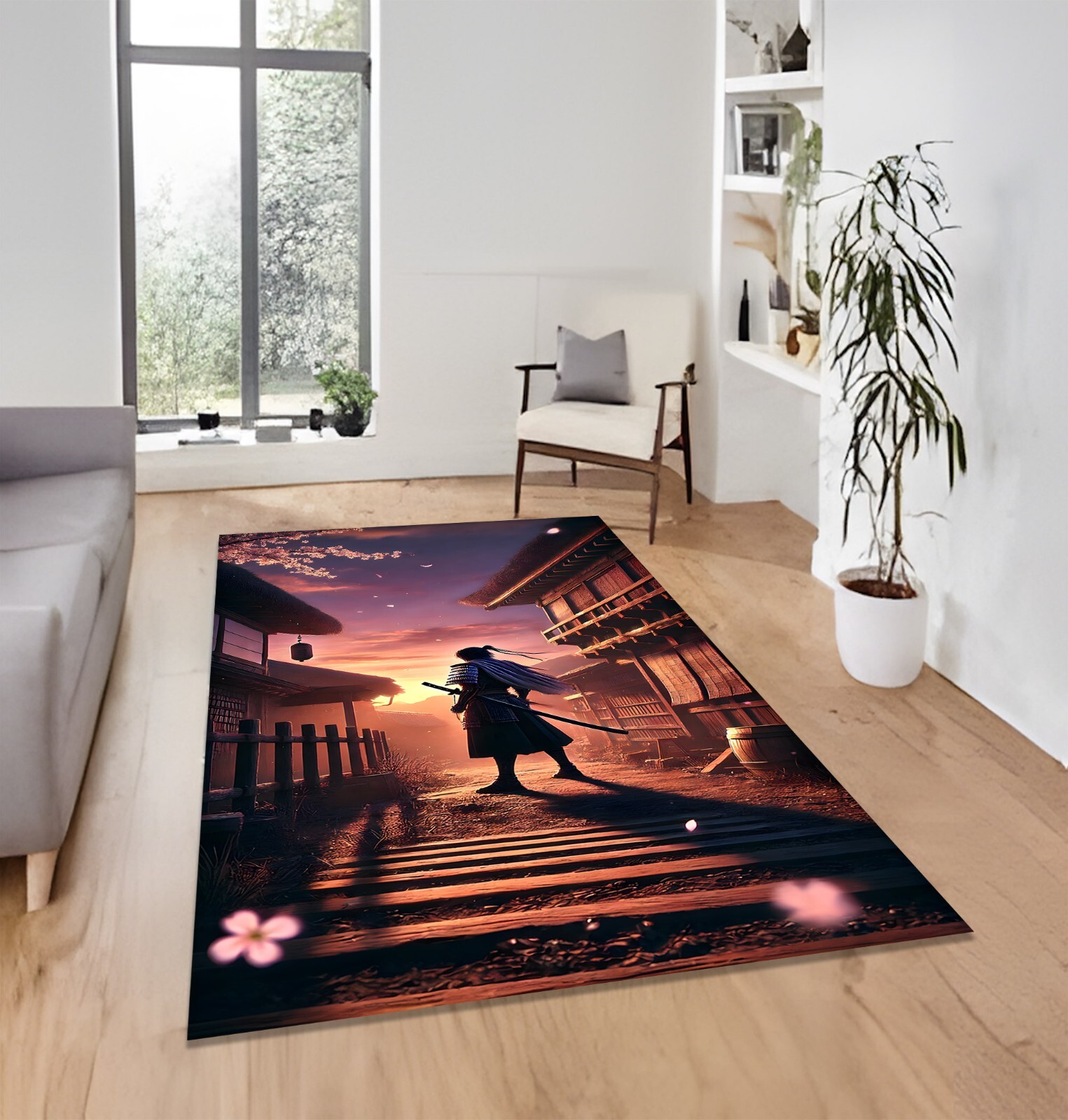 Japanese Anime Decor Rug, Anime Decor Rug, Sunset Temple Scene Rug, Samurai rug