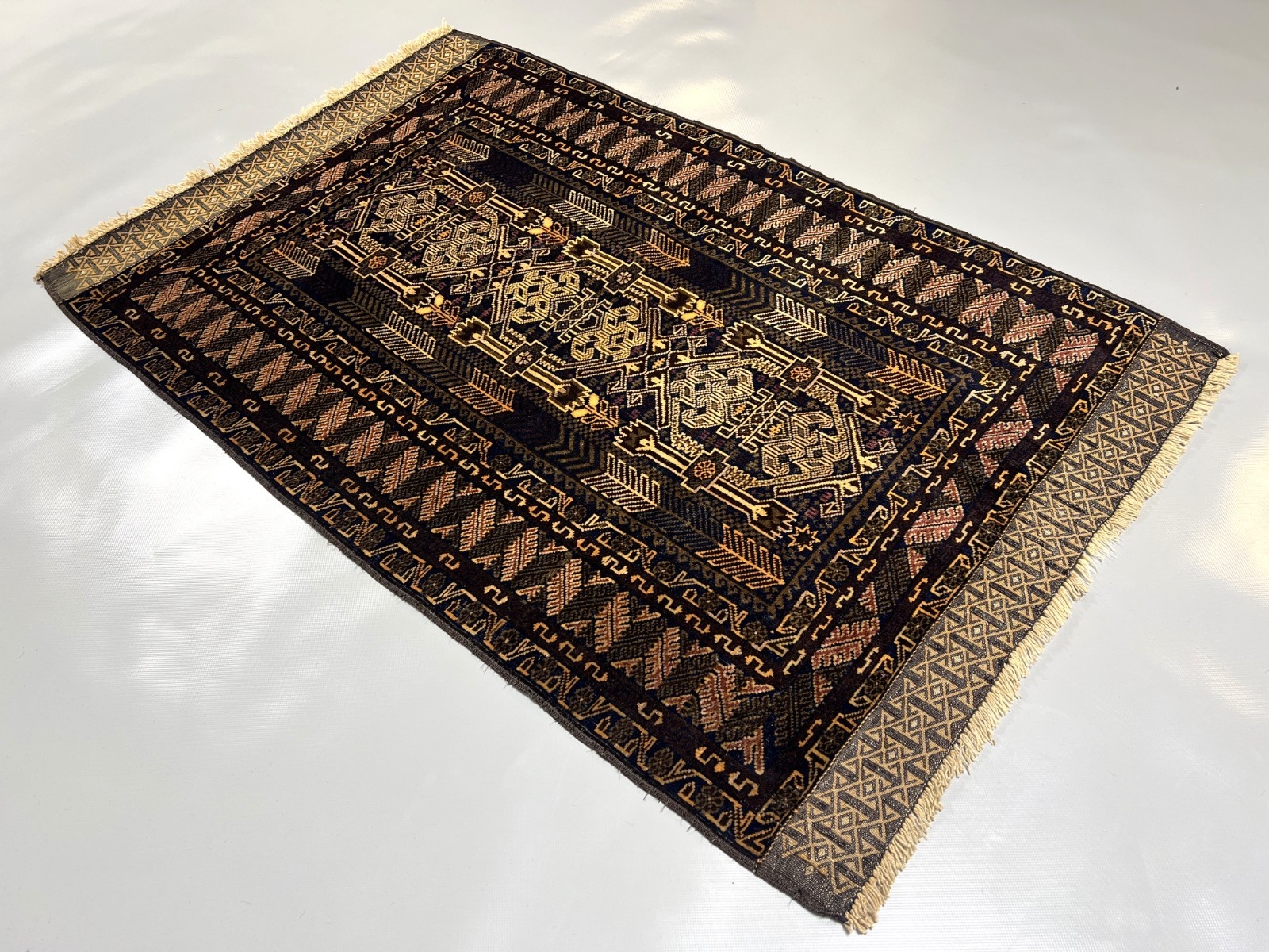 3 x 4’6 Ft Elegant Afghan Baluchi Tribal Accent Rug Geometric Dark Navy Wool Rug