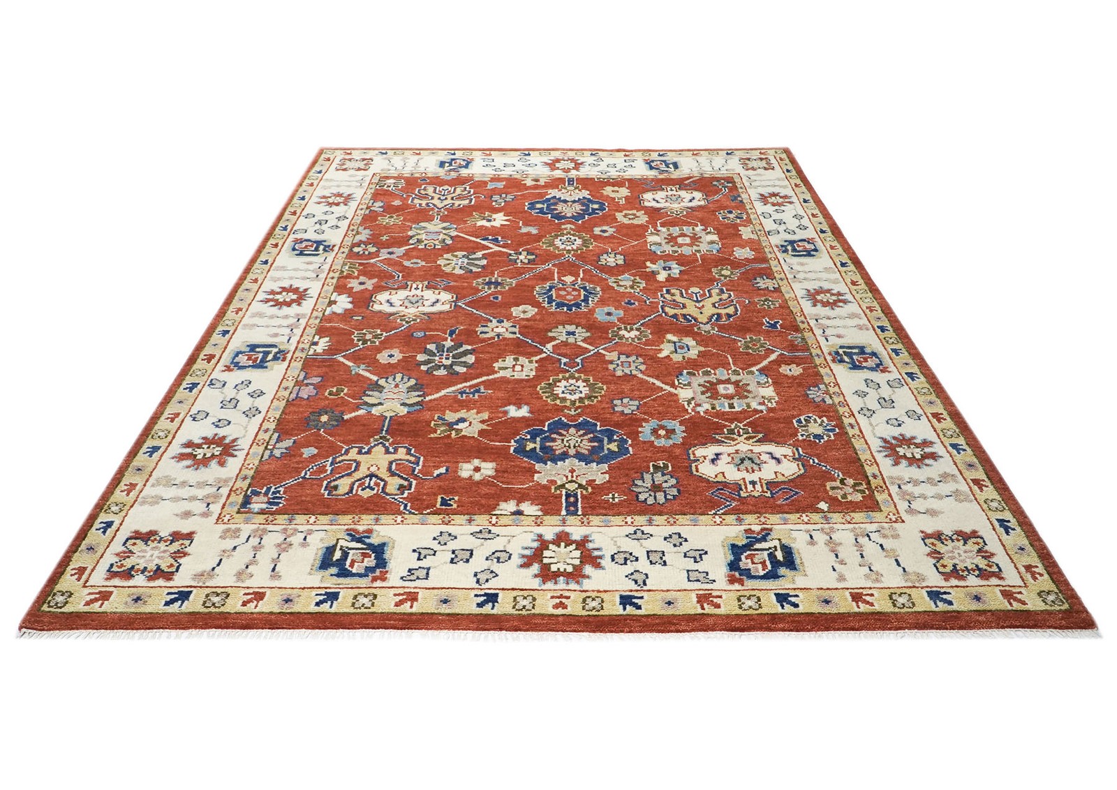 9’1”x12’2” Hand Knotted Wool Burnt Orange, Ivory Oushak Arts & Crafts Rug