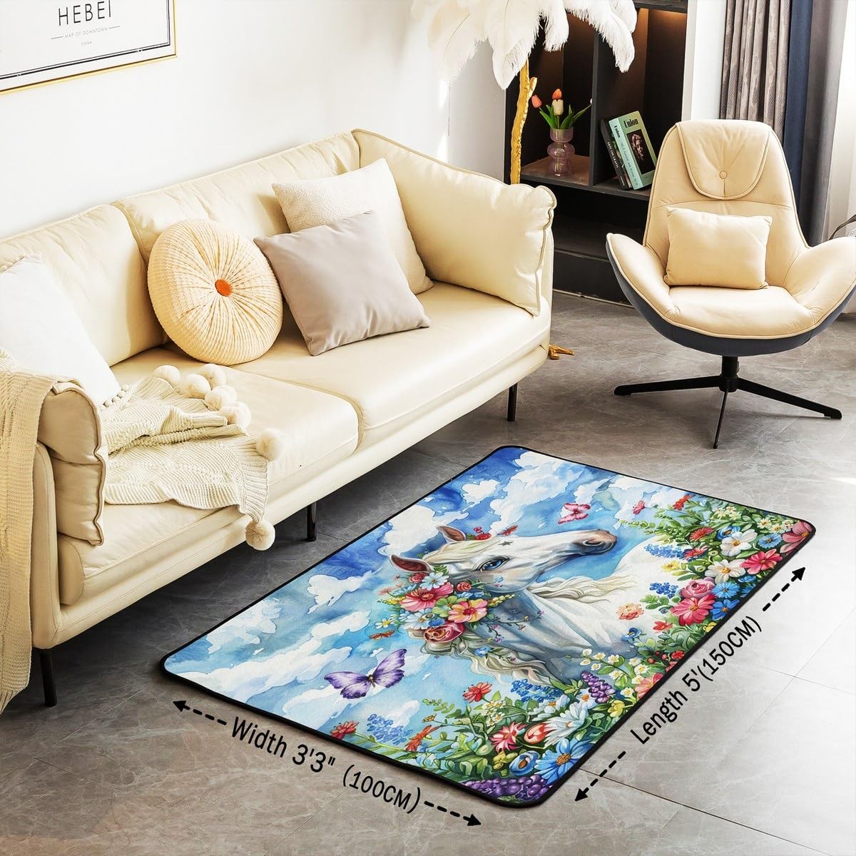 Girls White Horse Area Rug 3×5 Unicorn Floral Butterfly Rugs for Living Room …