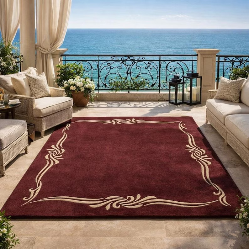 Hand Tufted Burgundy Wool Area Rug, Cream Ornamental Border Carpet