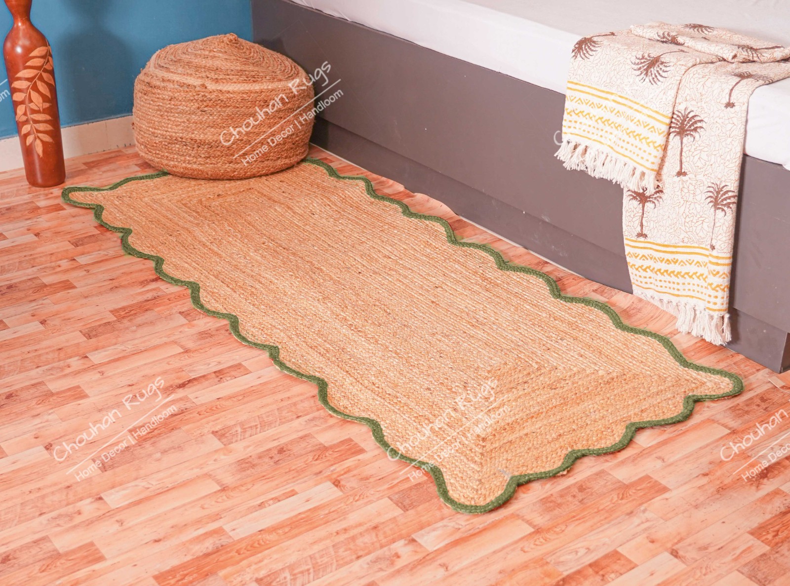 Natural Hand Braided Jute Rug with Dark Green Border Living Room Area rug