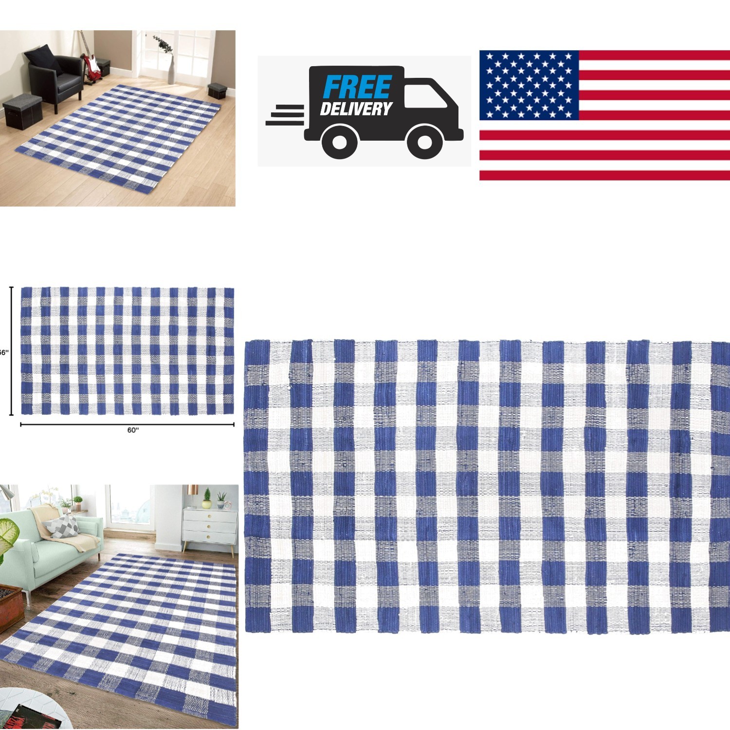 Cotton Reversible Area Rug 3 Feet by 5 Feet Blue White Plaid Handmade Carpet