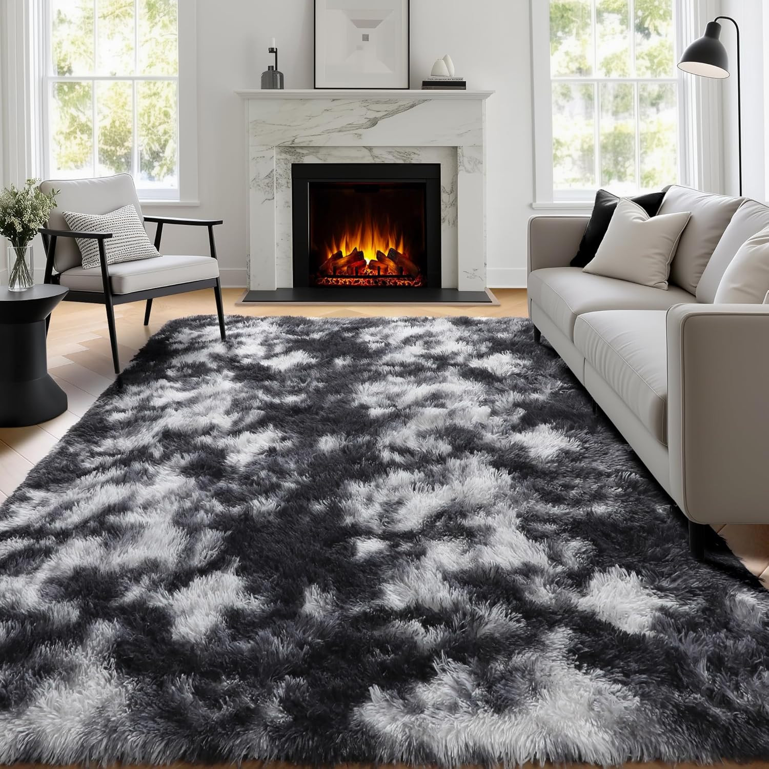 Large 9×12 Fluffy Black White Grey Area Rug for Living Room & Kids Room