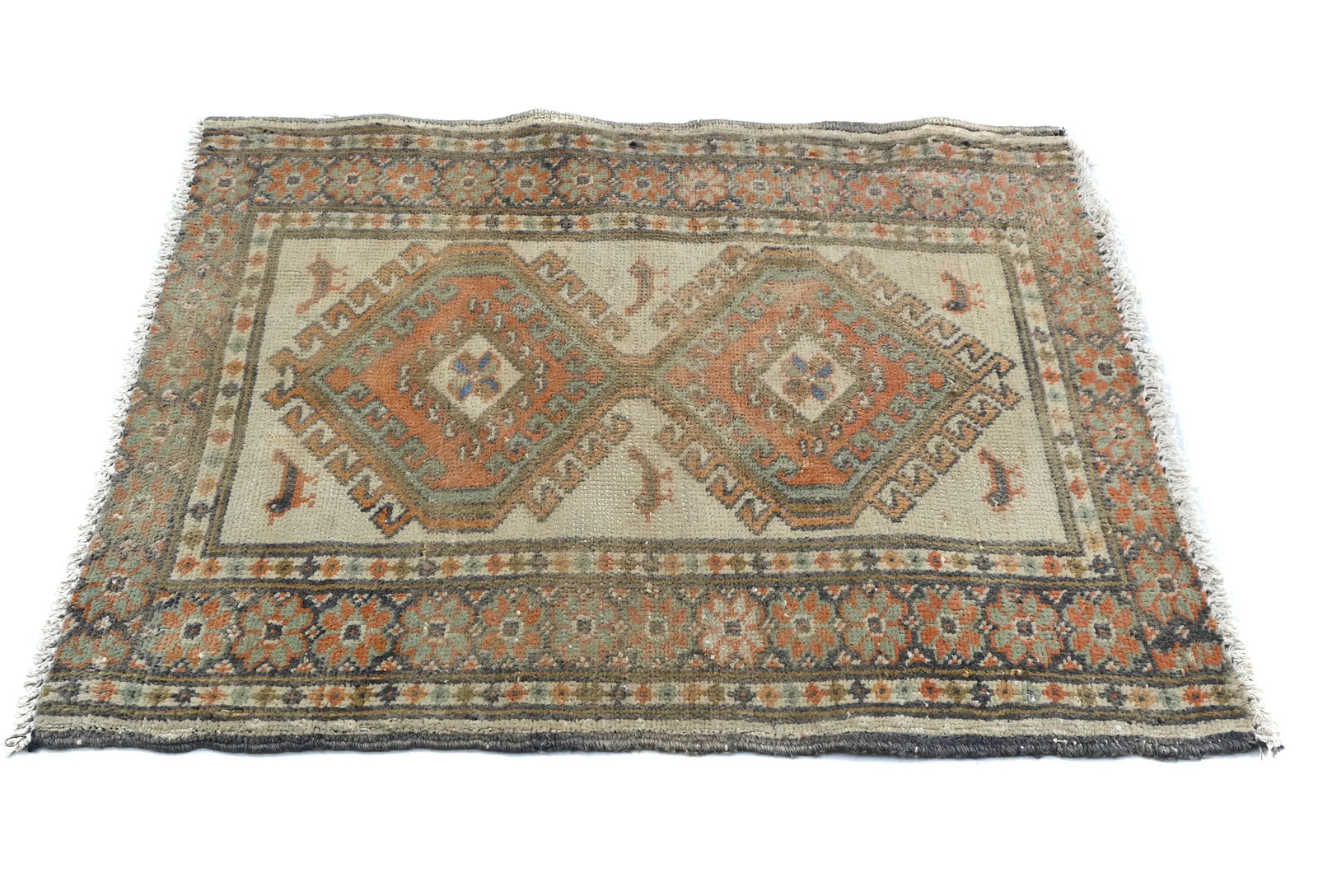 Square Semi-Antique Oriental Rug Muted Cream Floral Distressed Carpet 2X2 ft