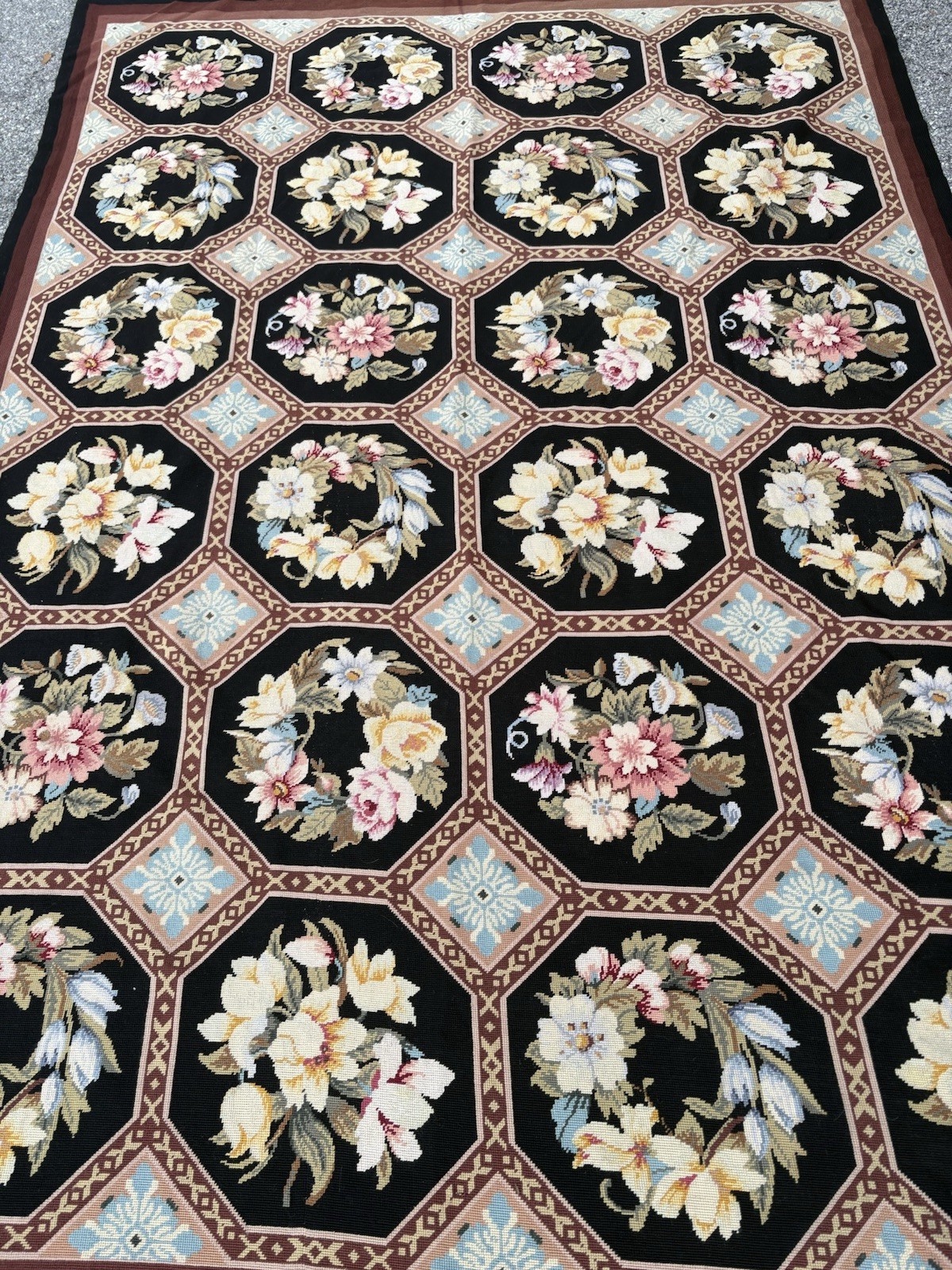9 X 6 Feet French Needlepoint area rug Black Brown Blue Pink Green Gold wool