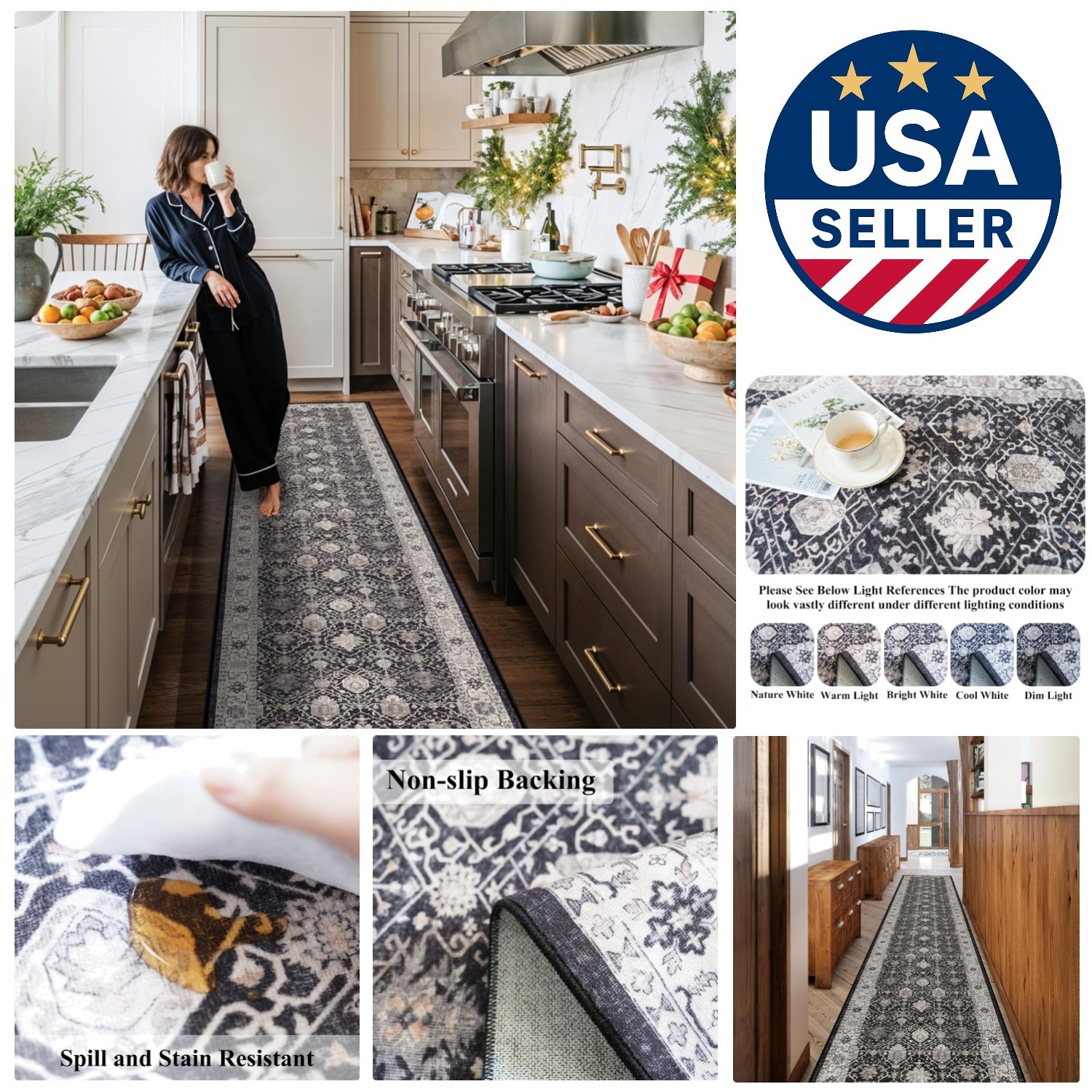 Non-Slip Vintage Black Runner Rug 2’6”x12′ – Ideal for High-Traffic Areas