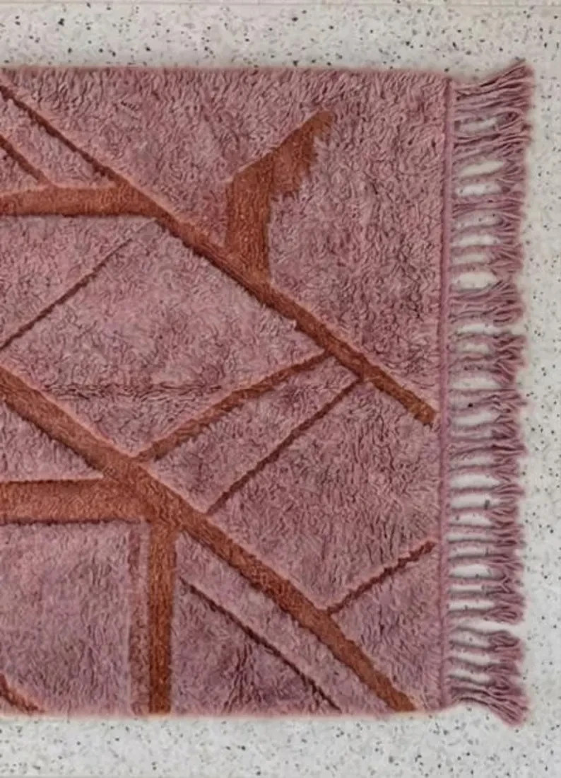 Burgundy Moroccan Rug – Handmade Ivory Wool Berber Rug with Graphic Striped rug