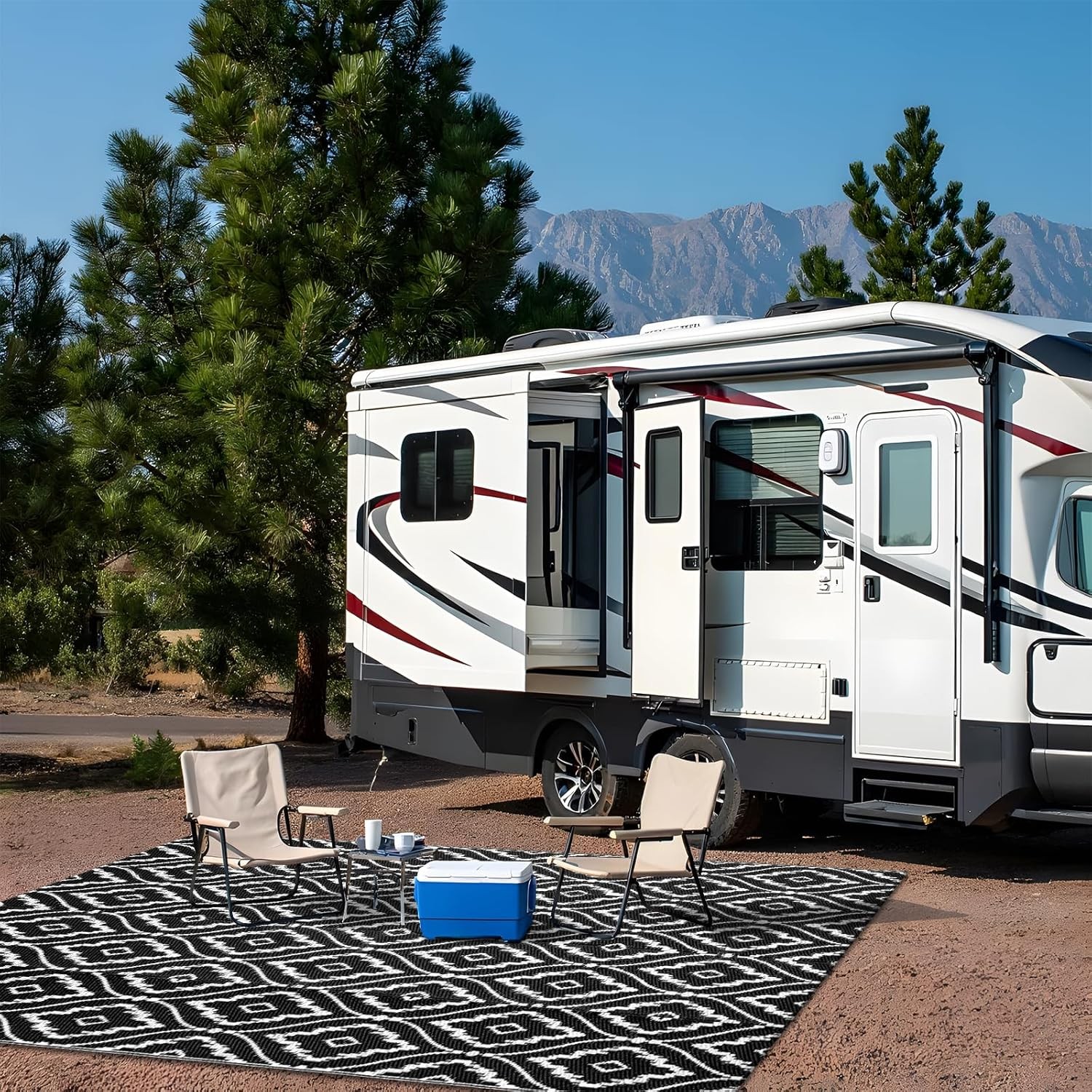 Black and White Outdoor Rug 5 X 8 Feet Waterproof Reversible RV Patio Mat Rug