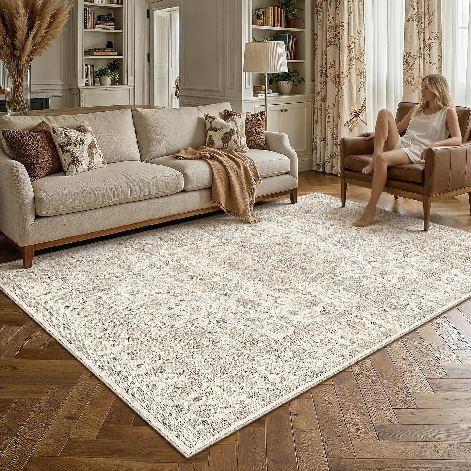 6×9 Area Rug – Vintage Beige Washable Rug for Living Room Bedroom, Non-Slip Low