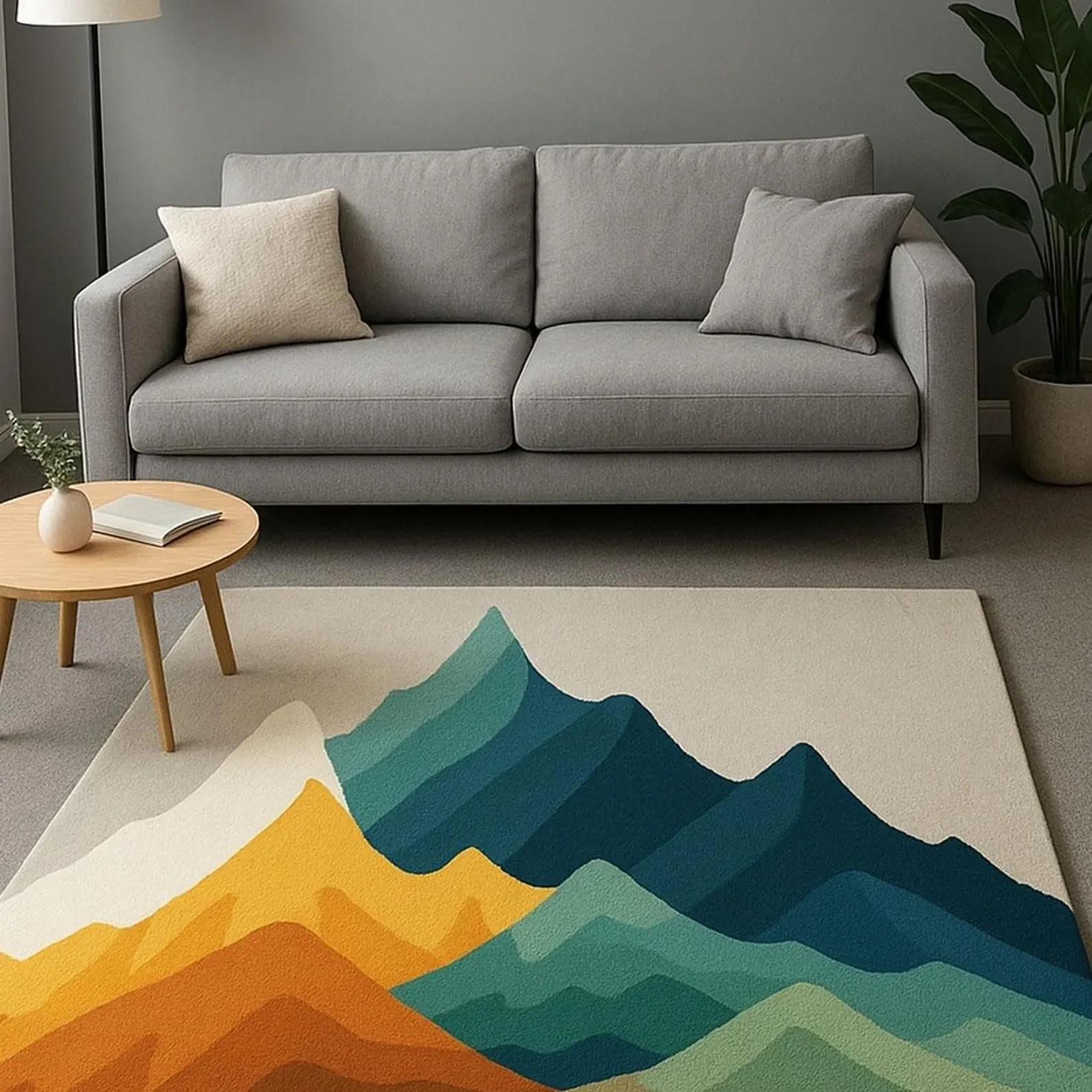 Hand Tufted 100% Nz Wool Yellow, And Multi Vibrant Mountain Design Rug
