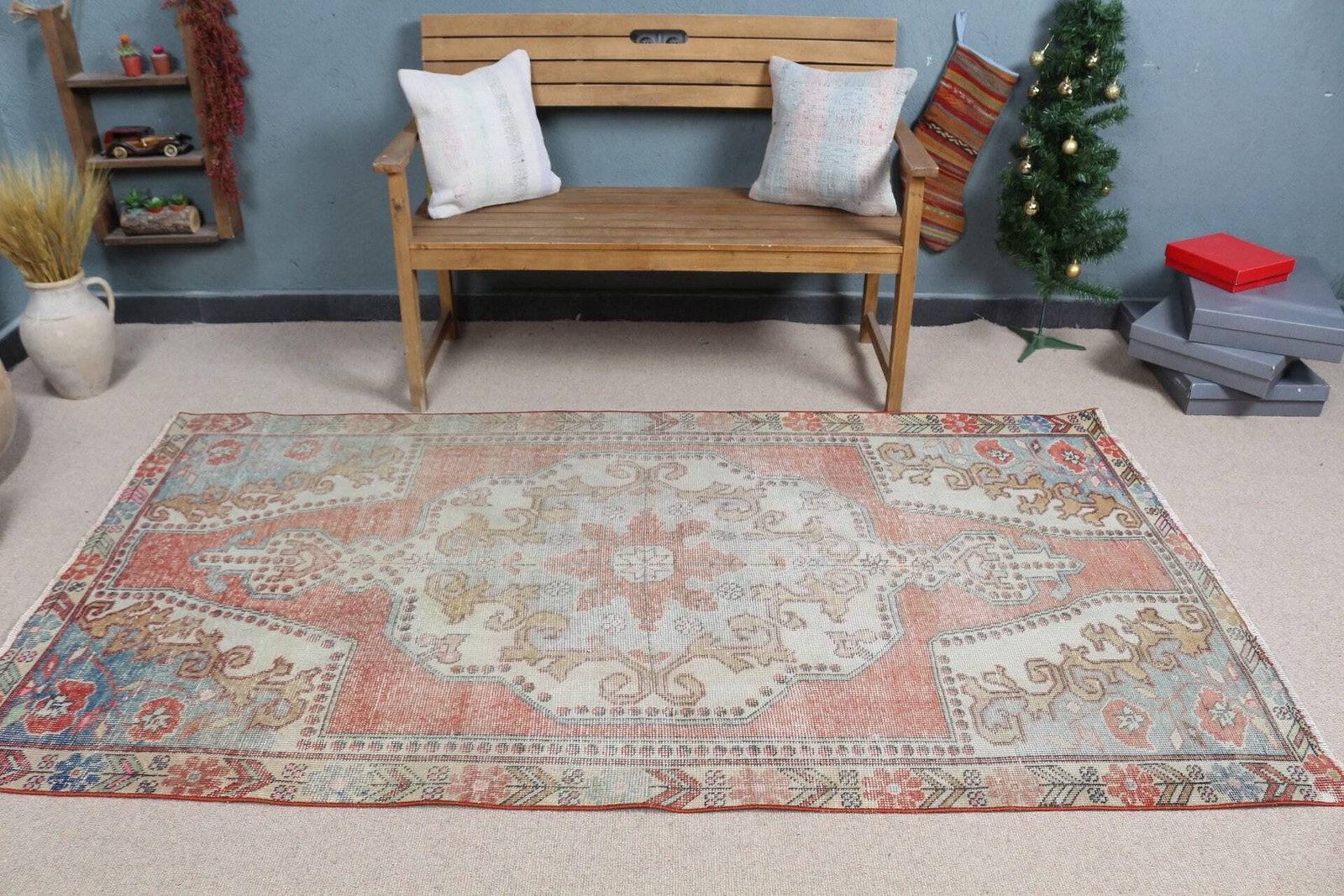 Turkish Area Rug 4,3×7,7 ft (130×236 cm), Vintage Red Abstract Rug