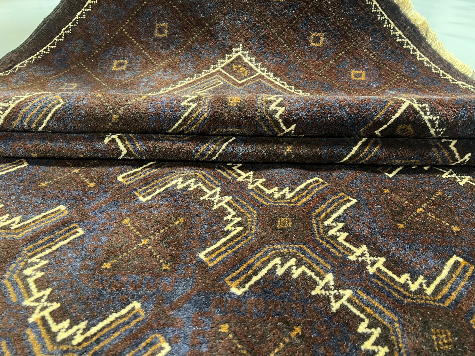 7’1 x 11’2 Ft Distinctive Afghan Baluchi Wool Rug Dark Brown Blue Geometric Rug