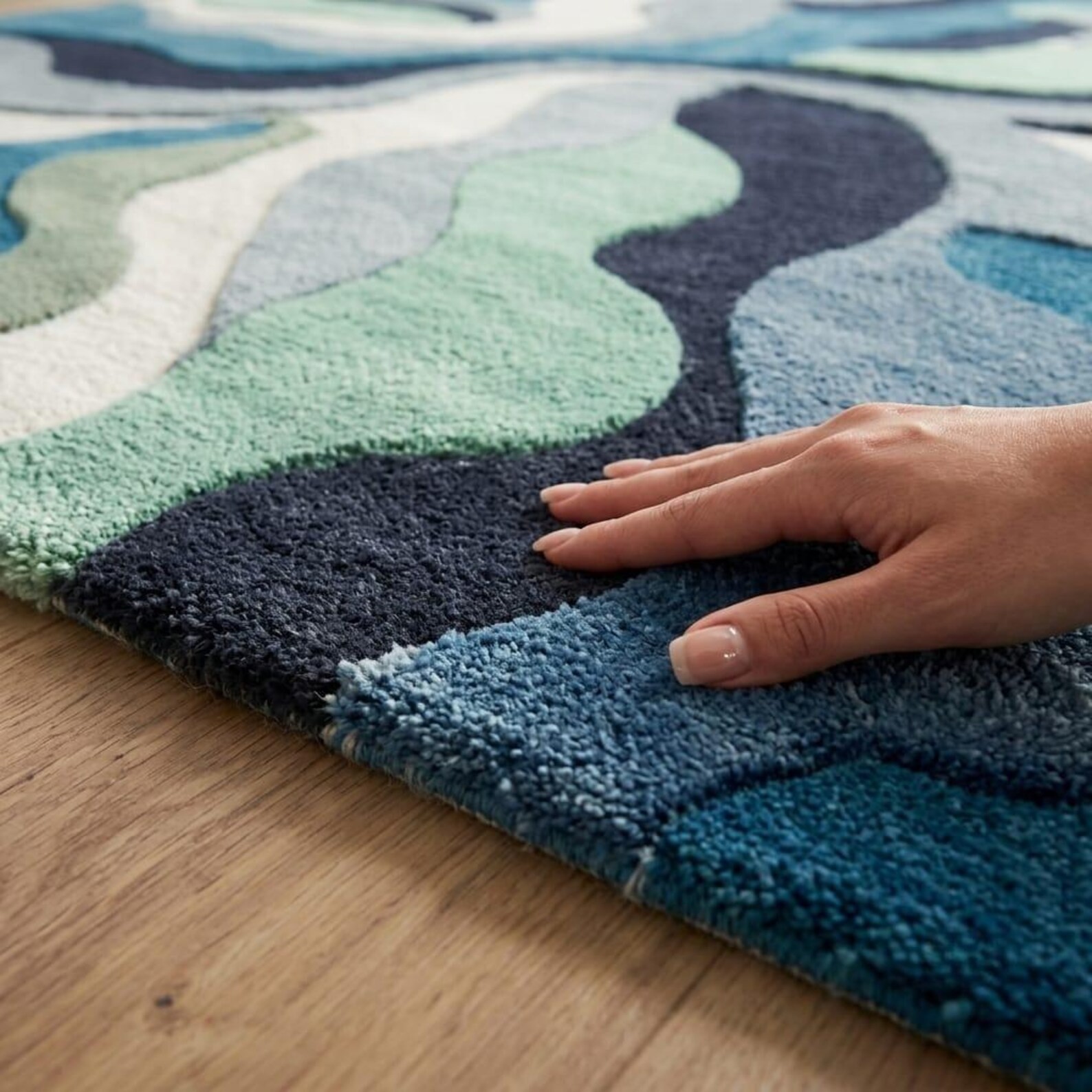 Hand-Tufted Wool Abstract Wave Area Rug, Modern Blue Green Living Room Carpet