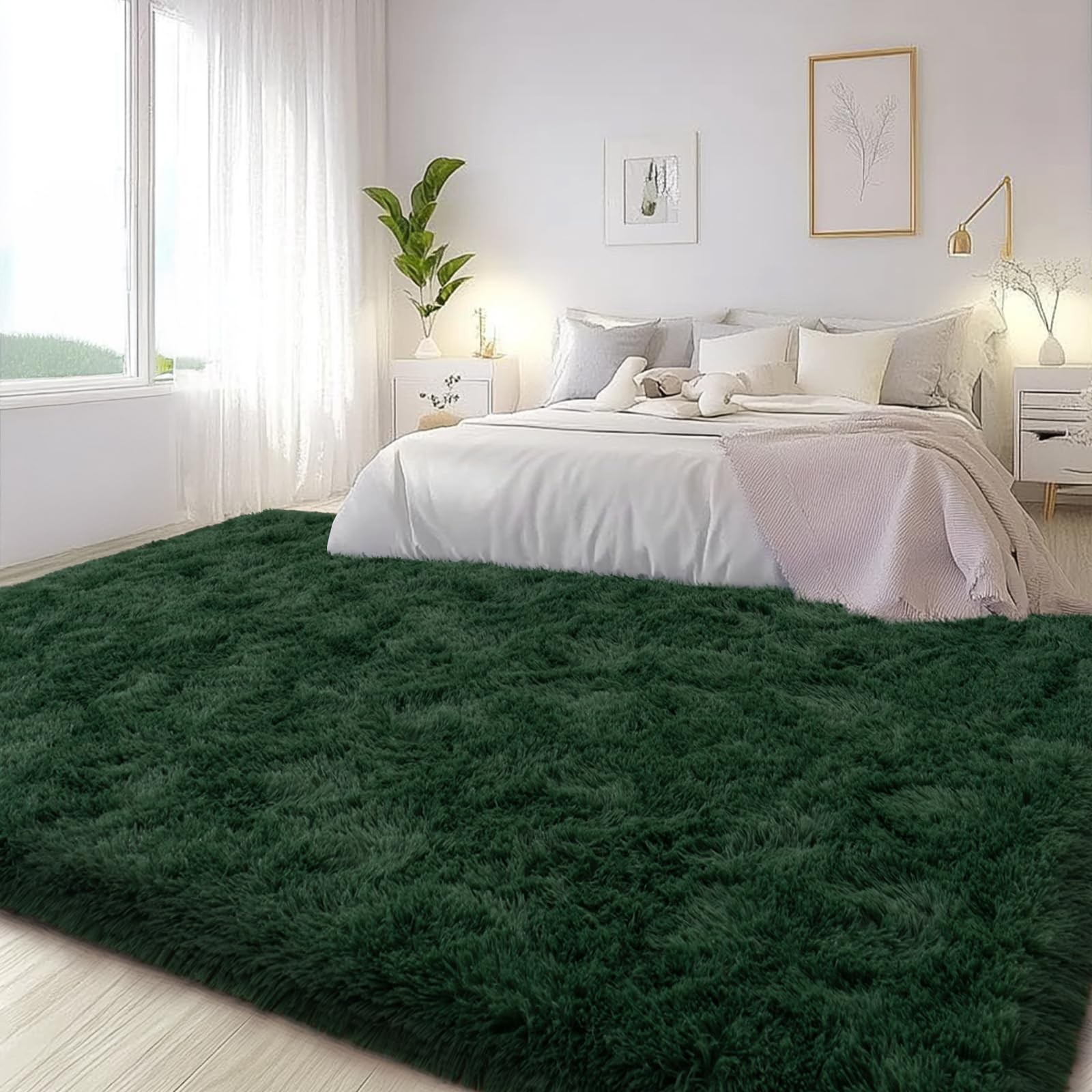 Large Area Rugs for Living Room Bedroom, 4×6 Feet Dark Green Fluffy Shag Rugs…