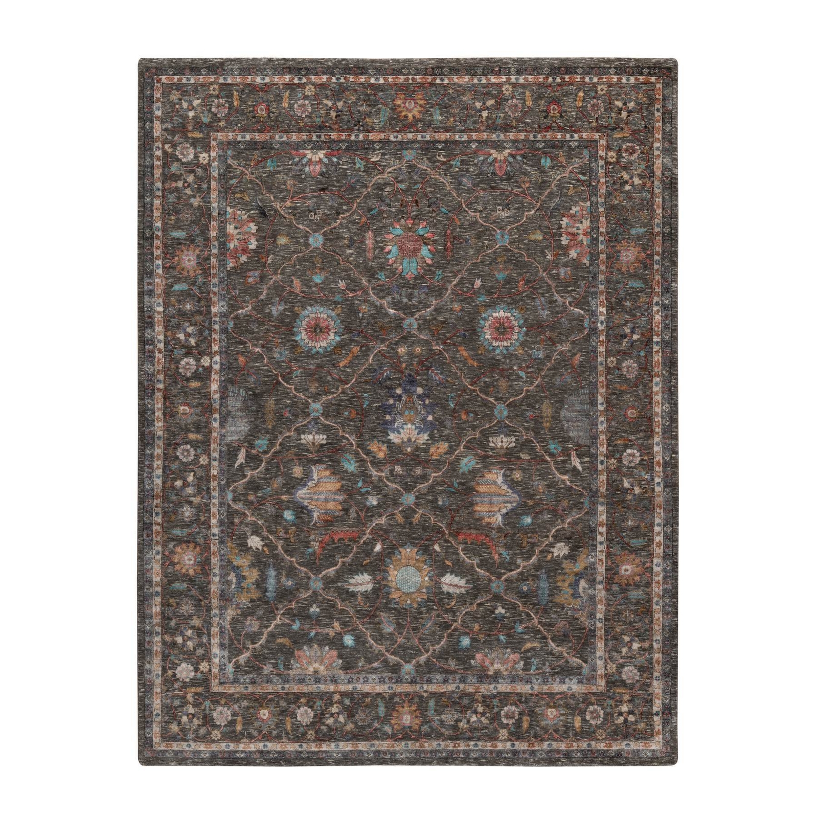 7’9″ x 10’2″ Brown Hand Knotted Leaf and Flower Design Wool and Silk Rug R91166