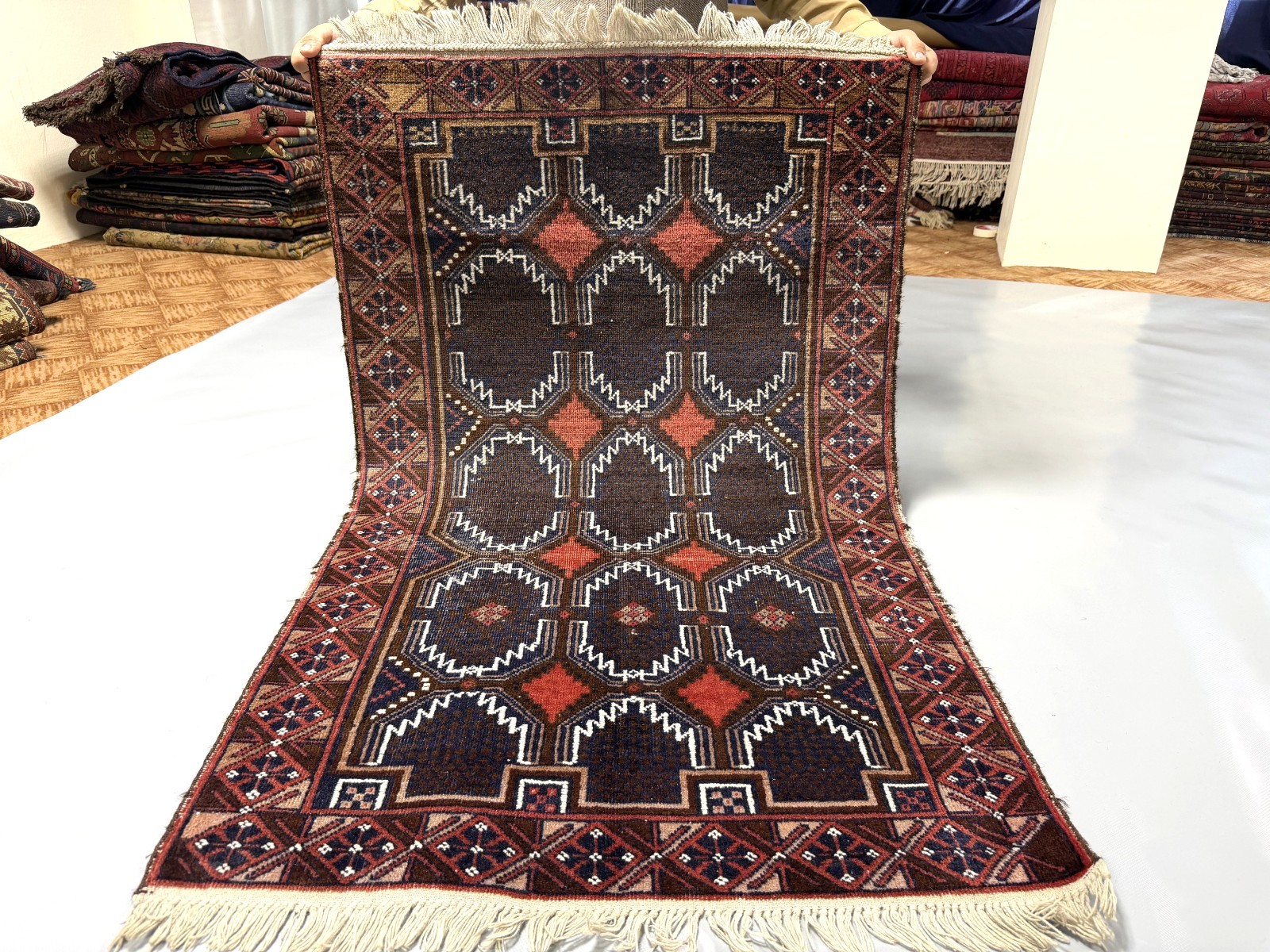 2’9 x 4’5 Ft Rare Baluchi Tribal Prayer Rug Handmade Afghan Dark Geometric Wool