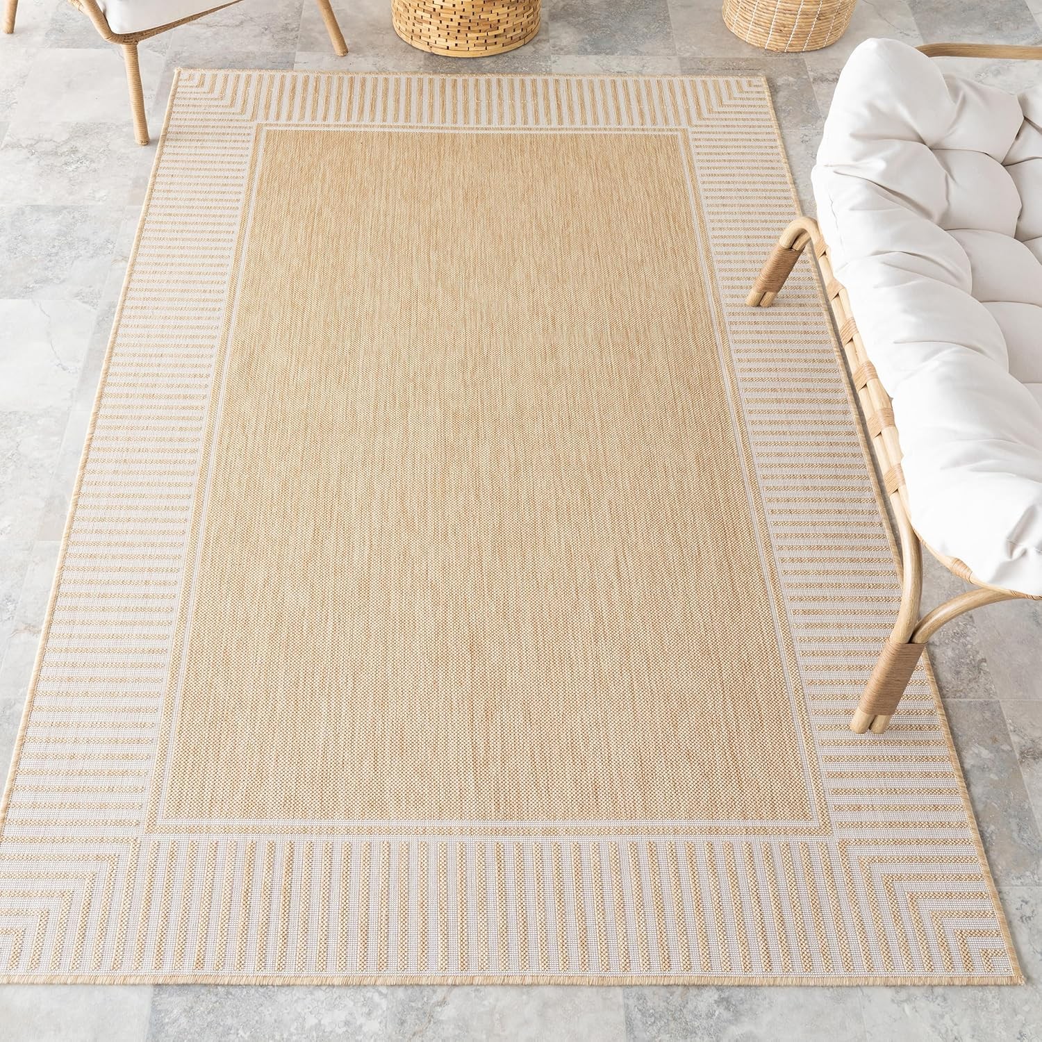 Nuloom Asha Tan/Ivory, 6’7″ x 9′, Casual, Striped Border, Soft and Cozy, High