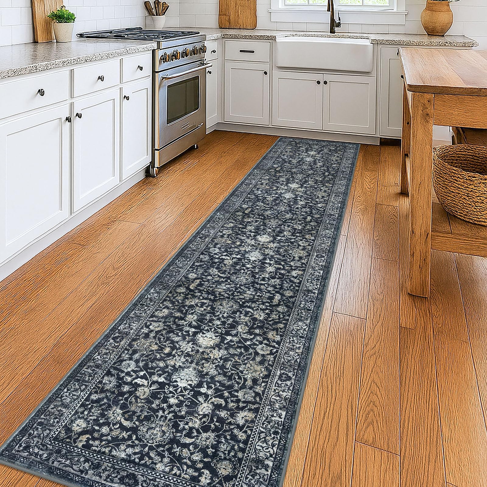 KILOCOCO 2×10 Hallway Runner Rug Washable Non-Slip Vintage Floral Print Charcoal