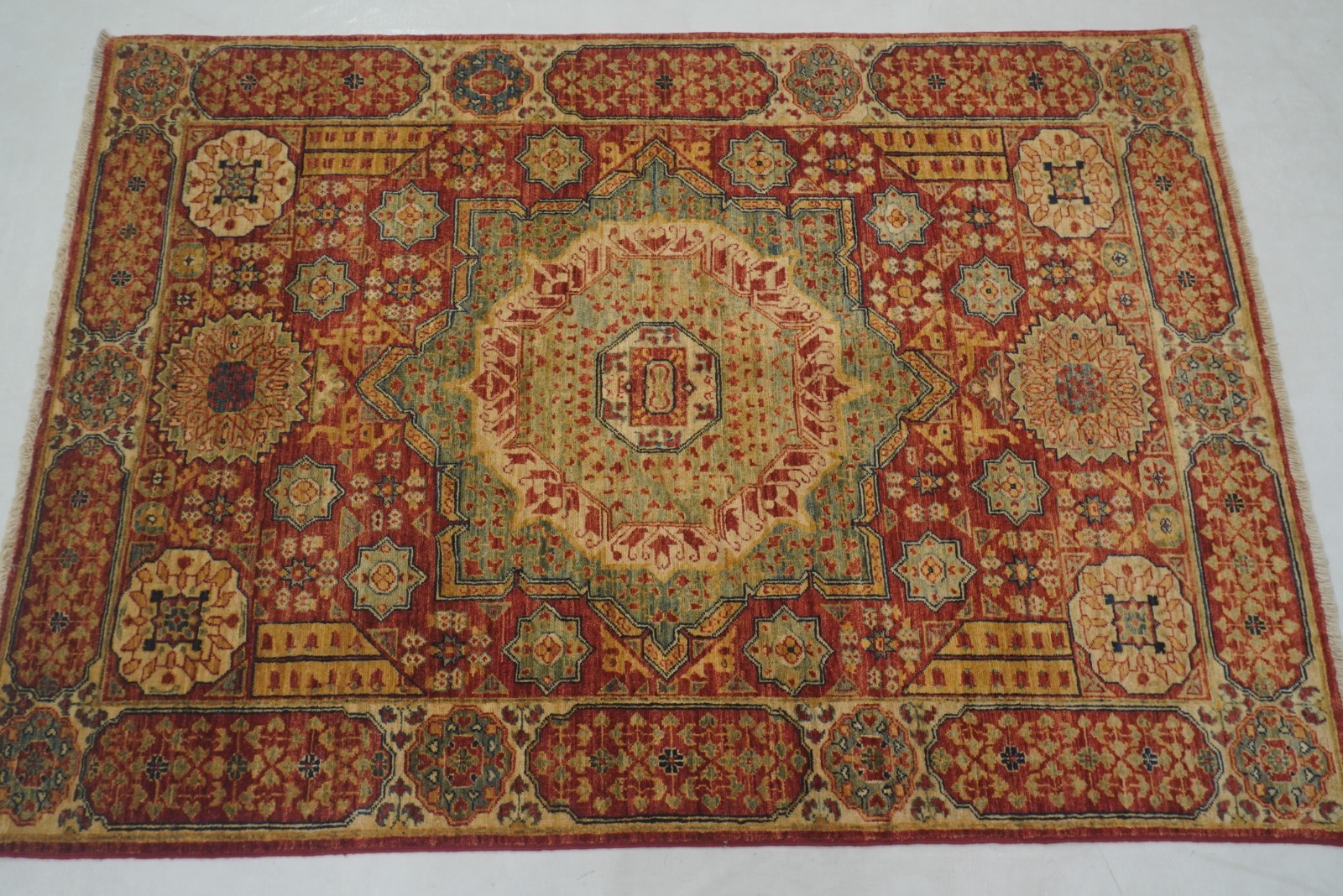 4×5 ft Red Mamluk Afghan Hand Knotted Wool Medallion Area Rug