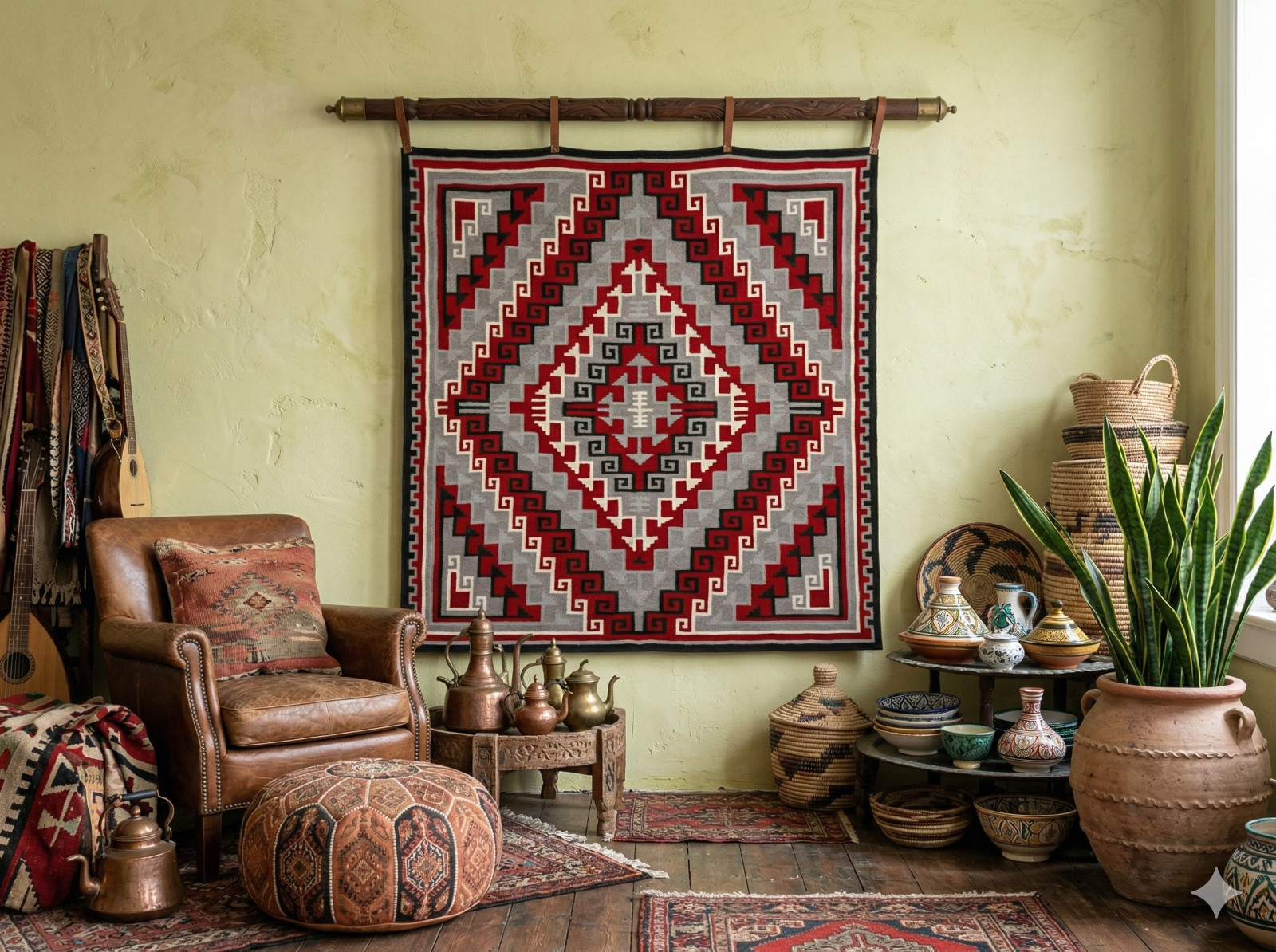 Navajo Ganado Wool Area Rug Red Grey Black Diamond Geometric Flatweave Southwest