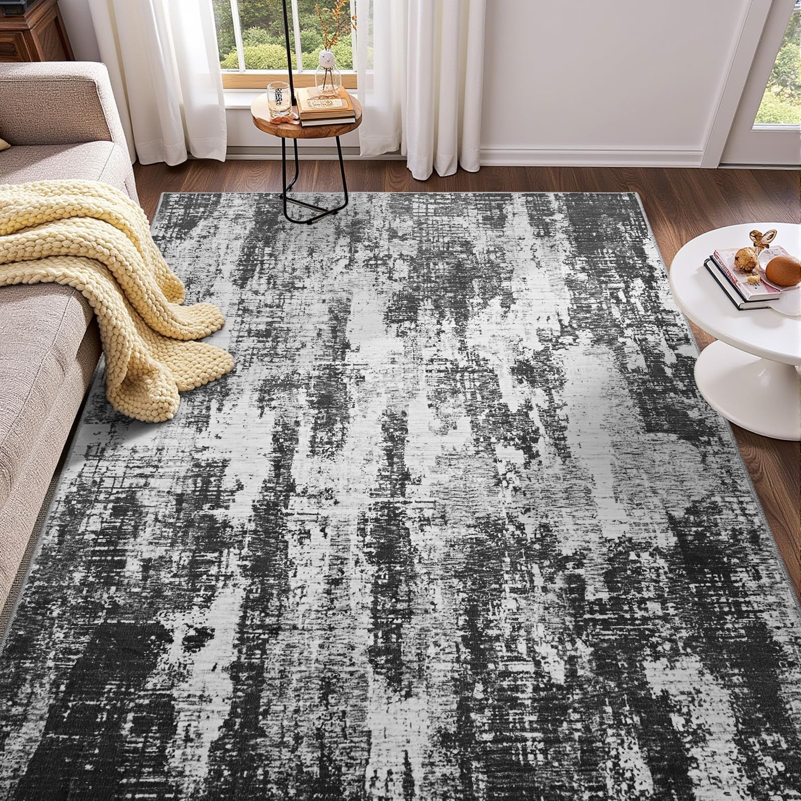 3×5 ft Washable Modern Abstract Area Rug NonSlip Grey Black Distressed