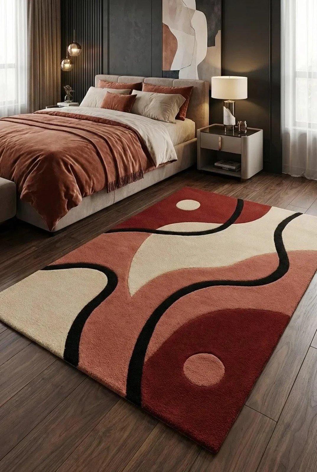 Luxury Hand tufted Graphic Rug Modern Earthy Red Cream Swirling Line Carpet