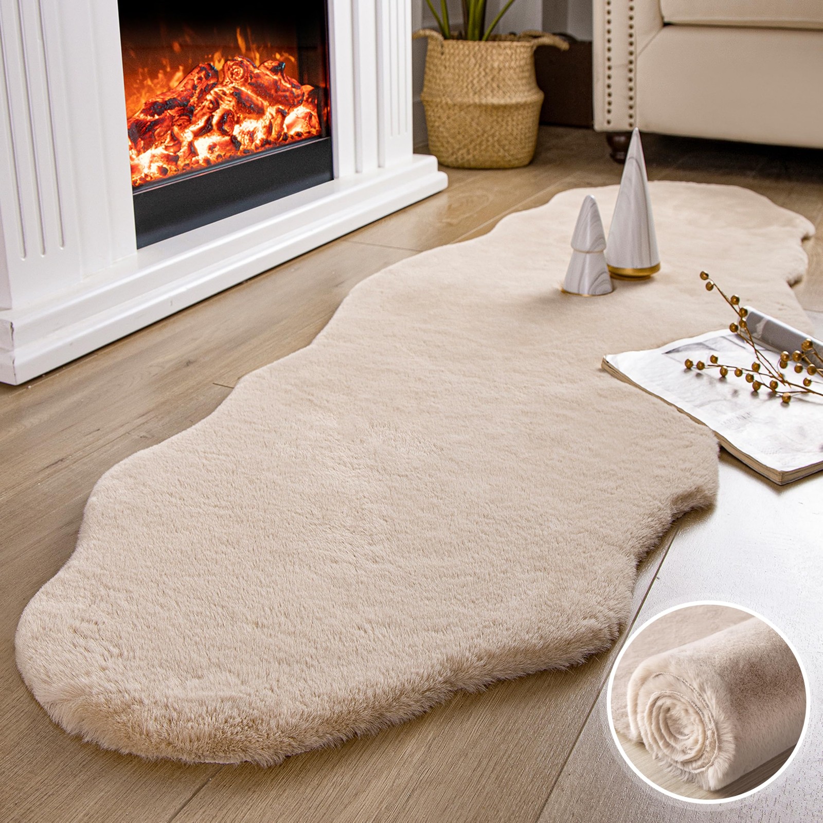 Ashler Faux Fur Rug, Upgraded Soft Faux Rabbit Fur, Beige Area Rugs, 2 x 6 Fe…