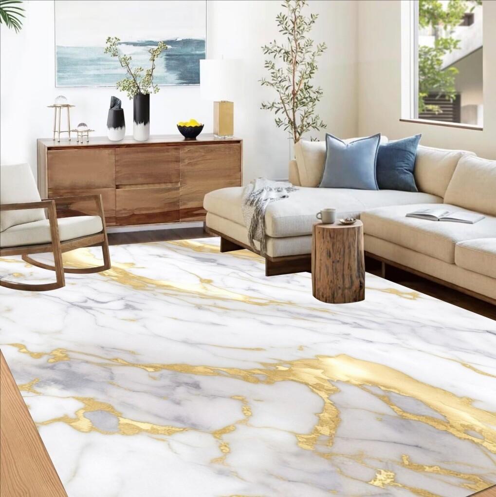 Luxury White Gold Marble Texture Abstract Carpet Faux Wool No Slip Washable Rug