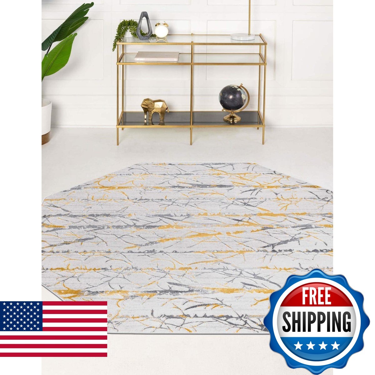 Unique Loom Finsbury Collection Area Rug – 5 3 Octagon Yellow And Gray/ Ivory