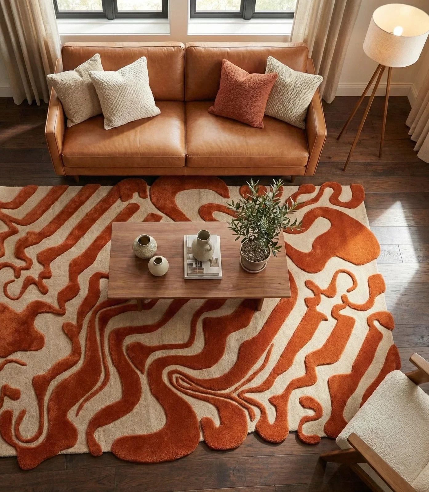 Hand Tufted Wool Rug, Rust Orange Wavy Swirl, Boho Home Decor Handmade 6×9