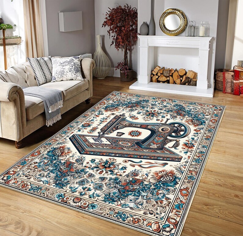 Sewing Machine Rug, Ottoman Rug, Hobby Room Rug, Nostalgic Design Carpet, Non Sl