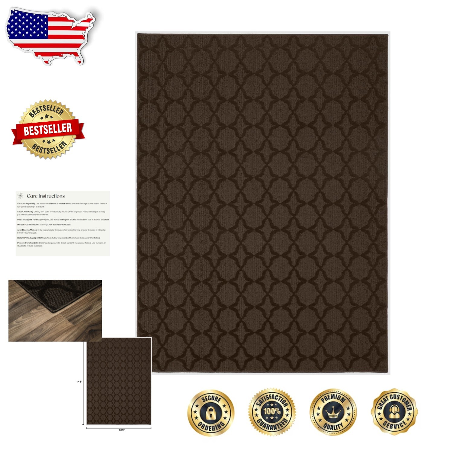 Durable 9×12 Brown Area Rug – Non-Slip, Low Pile, Machine Made Polypropylene