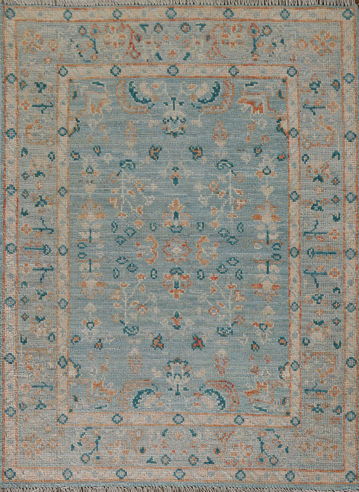 Vegetable Dye Light Blue Oushak Turkish Foyer Rug 3×4 Handmade Wool Oriental Rug