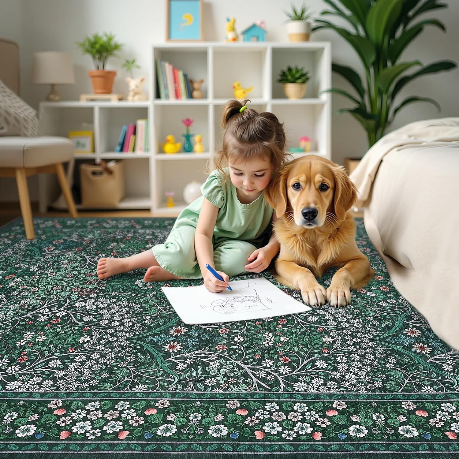Luxurious 8×10 Low-Pile Floral Area Rug with Non-Slip Backing – Dark Green Style