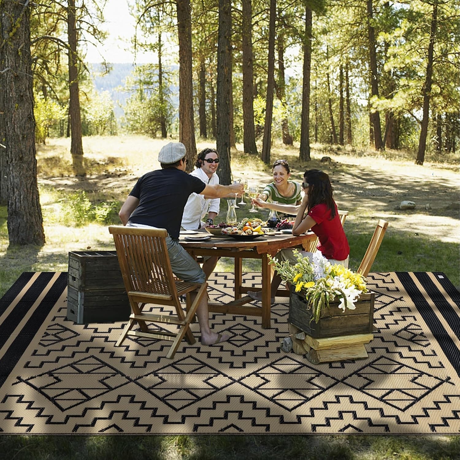 Reversible Plastic Rug 5×8 Outdoor Patio RV Beach Deck Black Beige