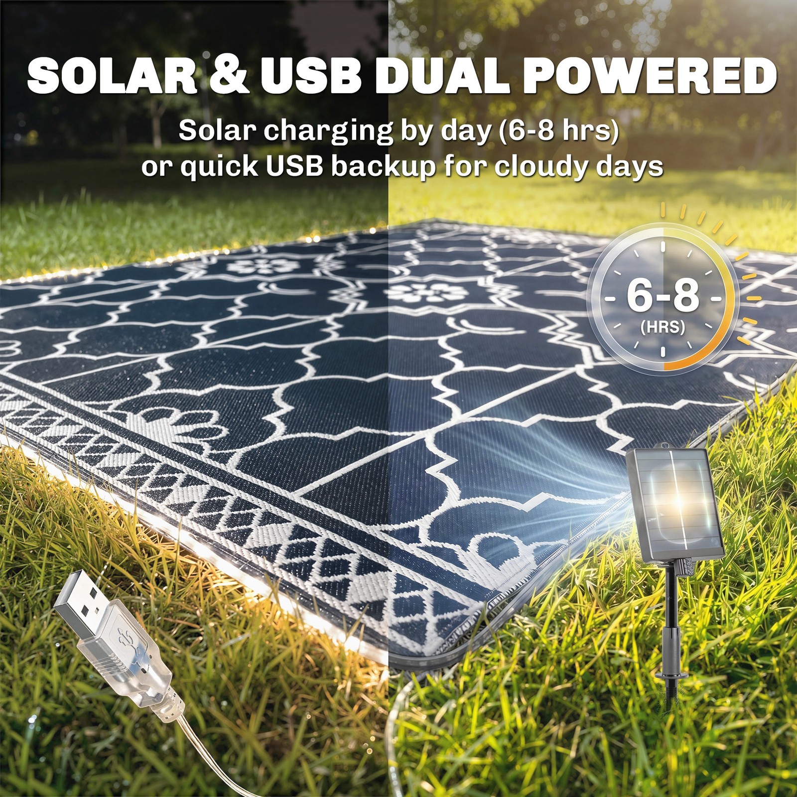 Reversible Outdoor Rug Carpet with LED Lights, PP Straw Rug