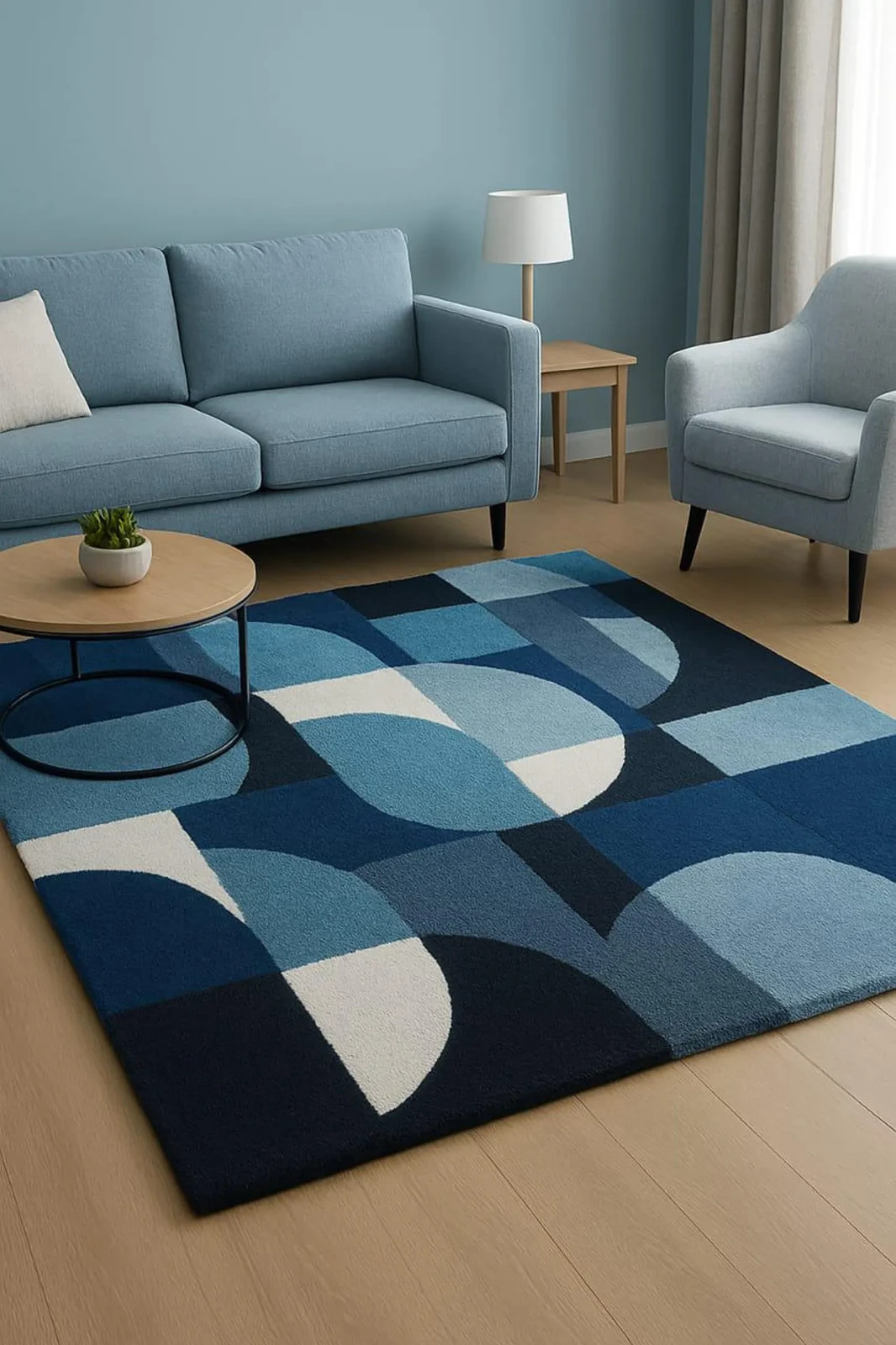 Hand-Tufted Wool Rug | Modern Geometric Design, Blue Tones Area Rug Handmade Rug