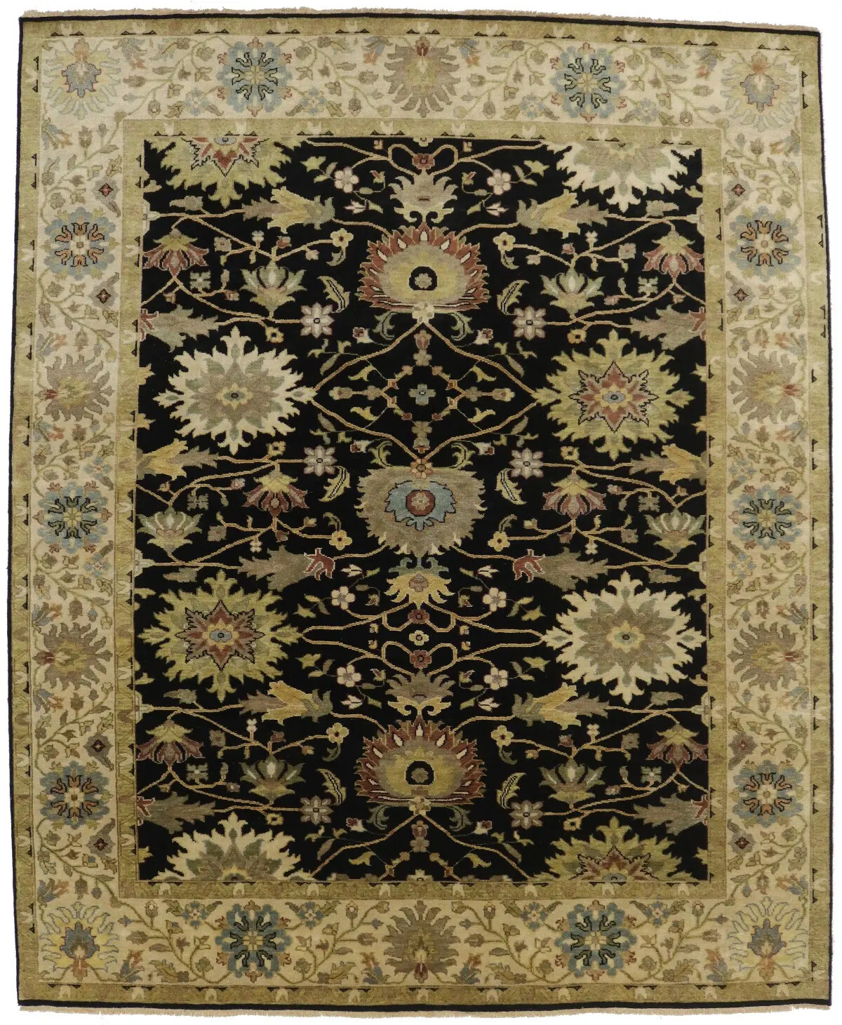 Antique Washed Black Floral Peshawar Rug Osh Chobi Wool Oriental Carpet 8X10 ft