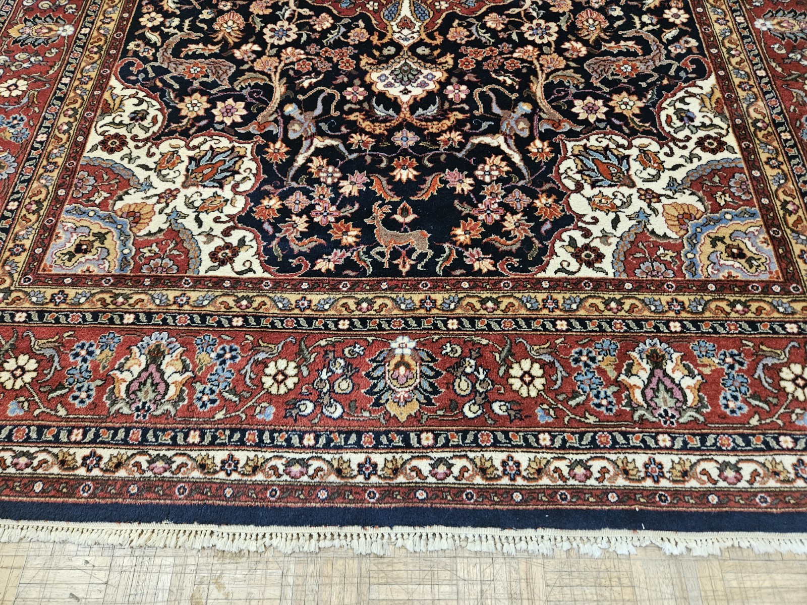9×12 INDO HUNTING HERIZ ORIENTAL RUG – HAND WOVEN RUG 100% WOOL – GOOD CONDITION