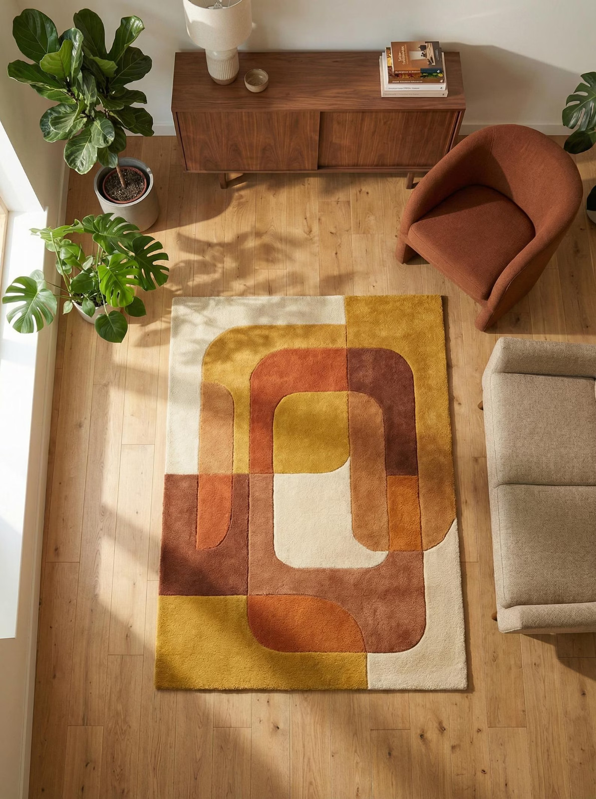 Hand Tufted Modern Abstract Wool Rug, Mid Century Geometric Area Rug, Terracotta