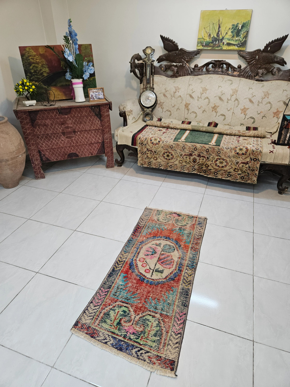 Red Turkish Accent Rug, Small Vintage Door Mat (1.9 x 4 ft)