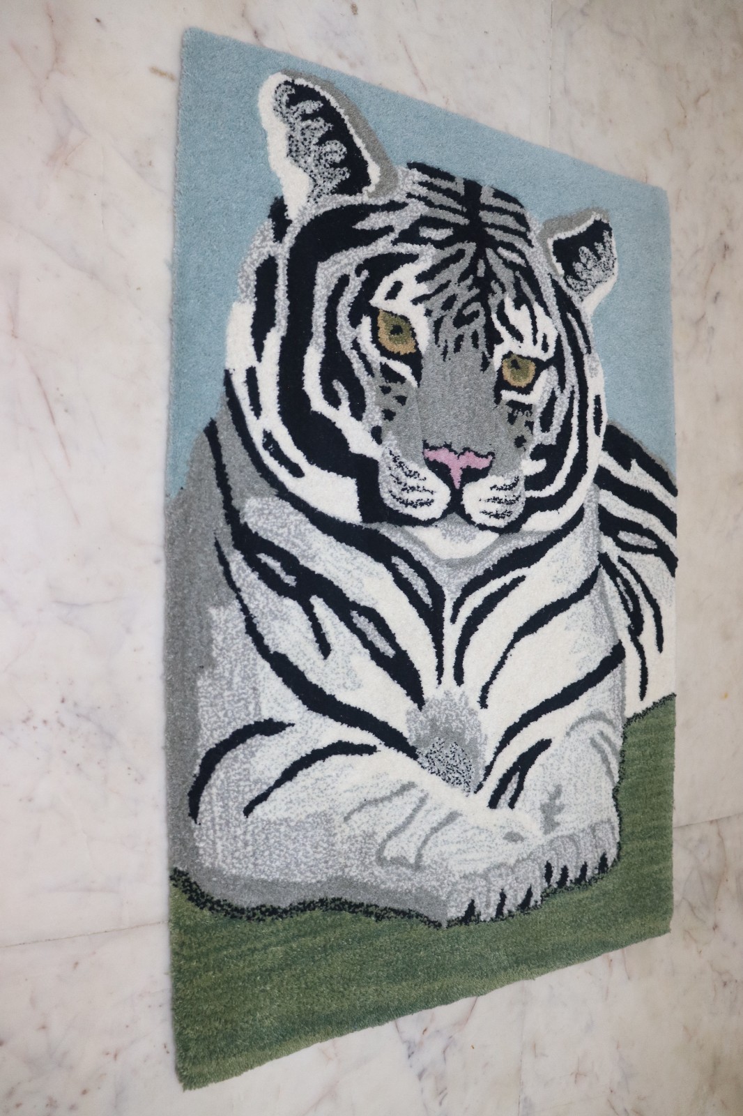 Striking White Tiger Portrait Accent Rug – Black & Gray Stripe Animal Art Design
