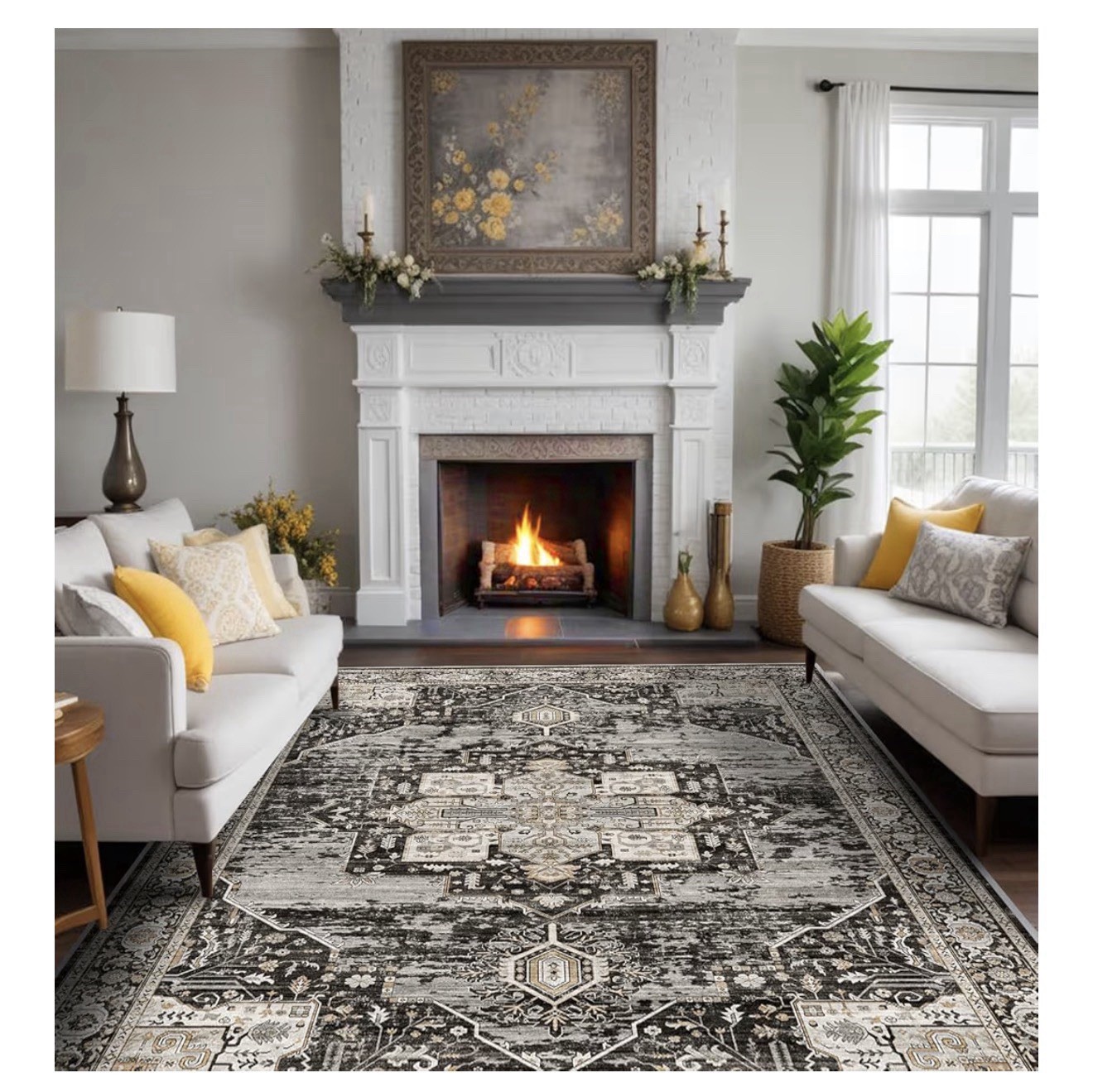 8×10 Washable Area Rug Vintage Black Non Slip Stain Resistant