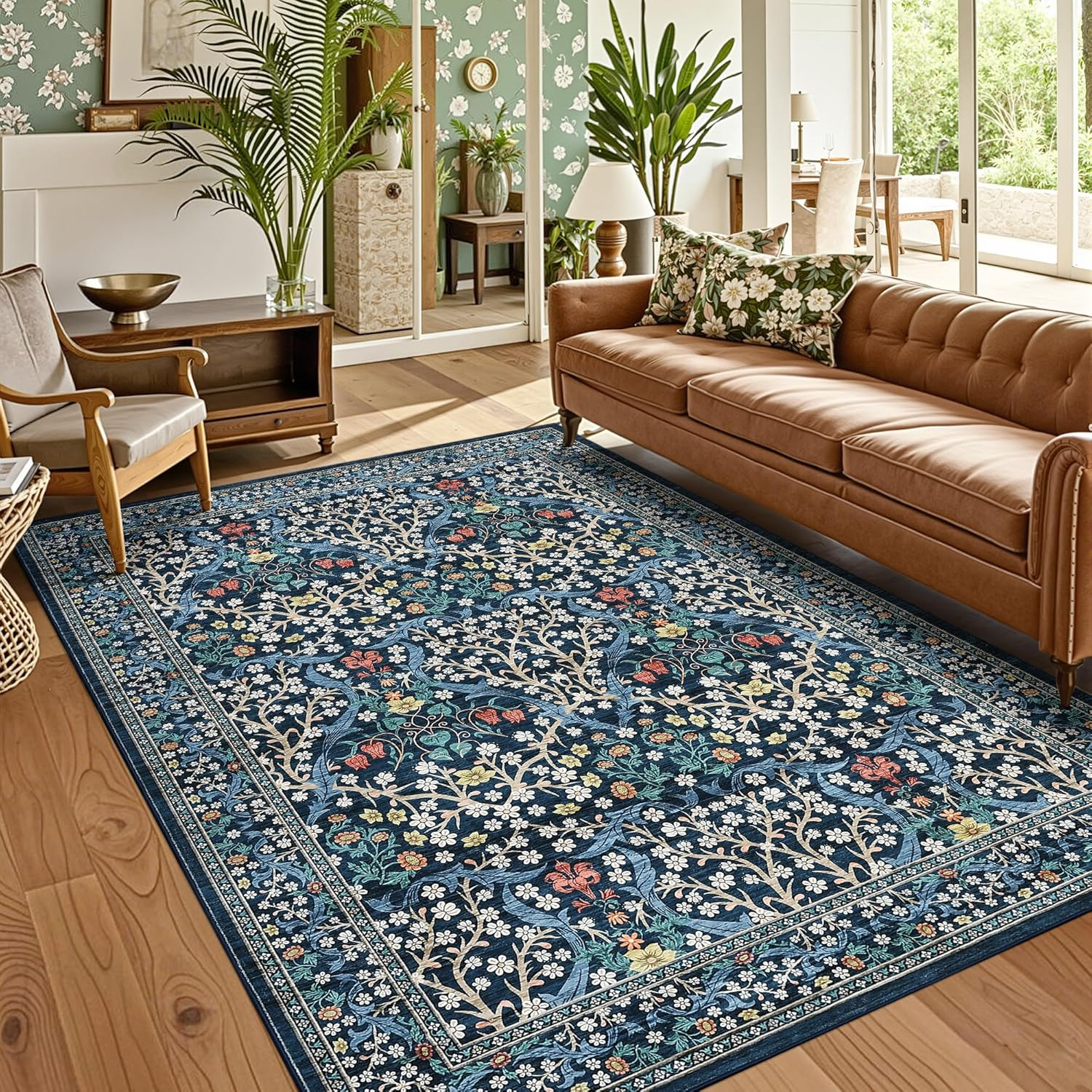 Floral Area Rugs 5X7, Dark Blue Washable Rug for Living Room, Bedroom, Low Pile