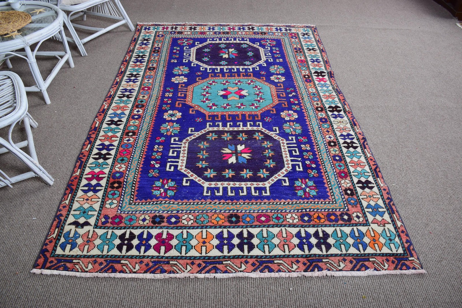 Vintage Turkish Rug, Large 5,1×8 ft (156×244 cm) Rug, Blue Moroccan Wool Rug