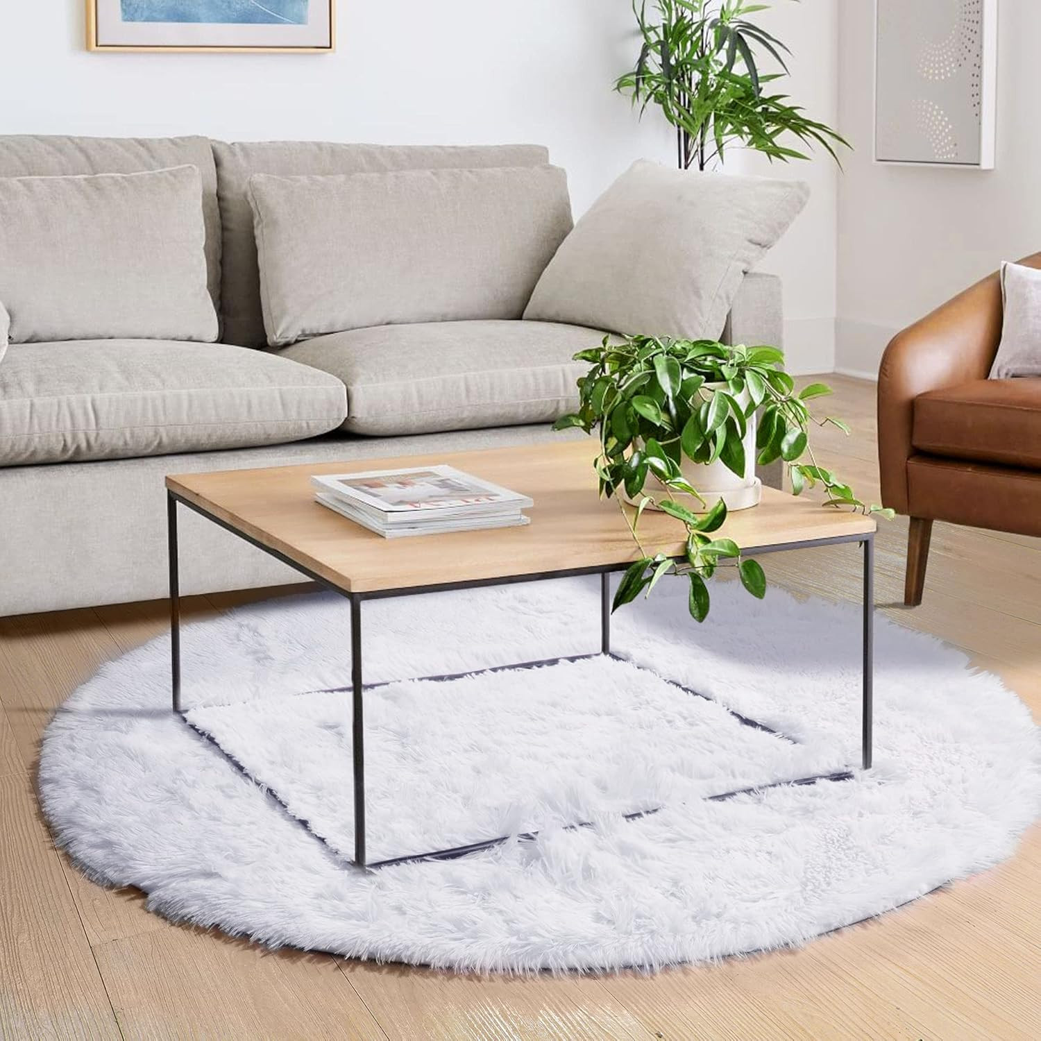 White Fluffy round Rug 4Ft for Bedroom Aesthetic, Washable Fuzzy Fur Circle Area