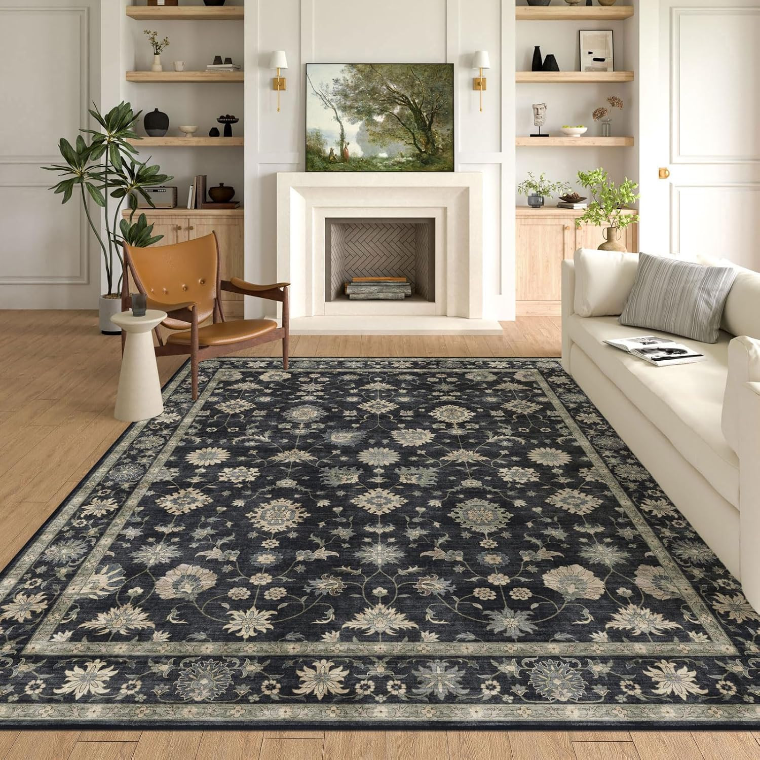 Large Charcoal Black Boho Area Rug 8×10 – Soft Vintage Stain Resistant Carpet