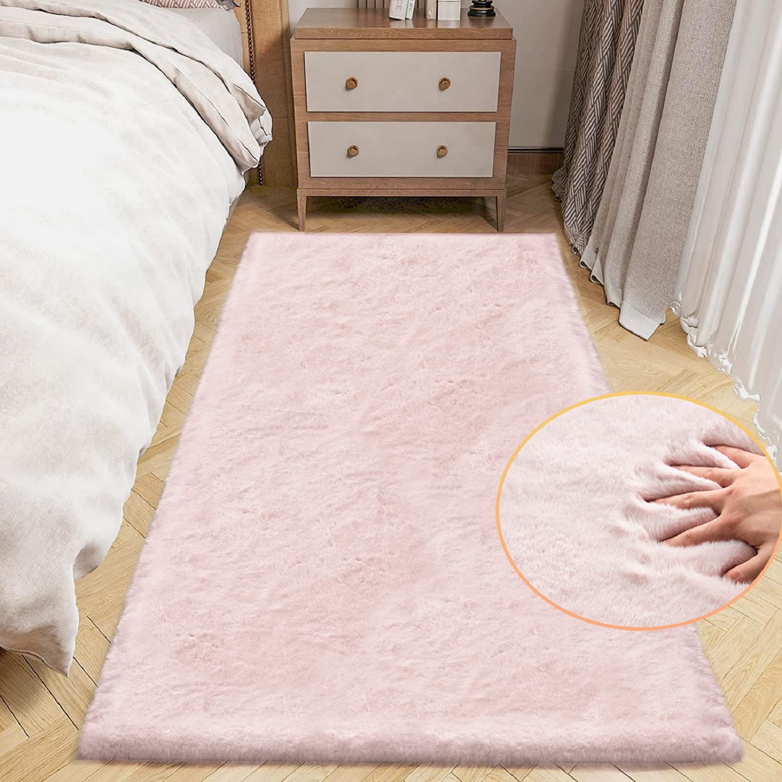 ORINOVA Small Pink Fuzzy Faux Rabbit Shaggy Fur Rug Furry Washable Runner Rug