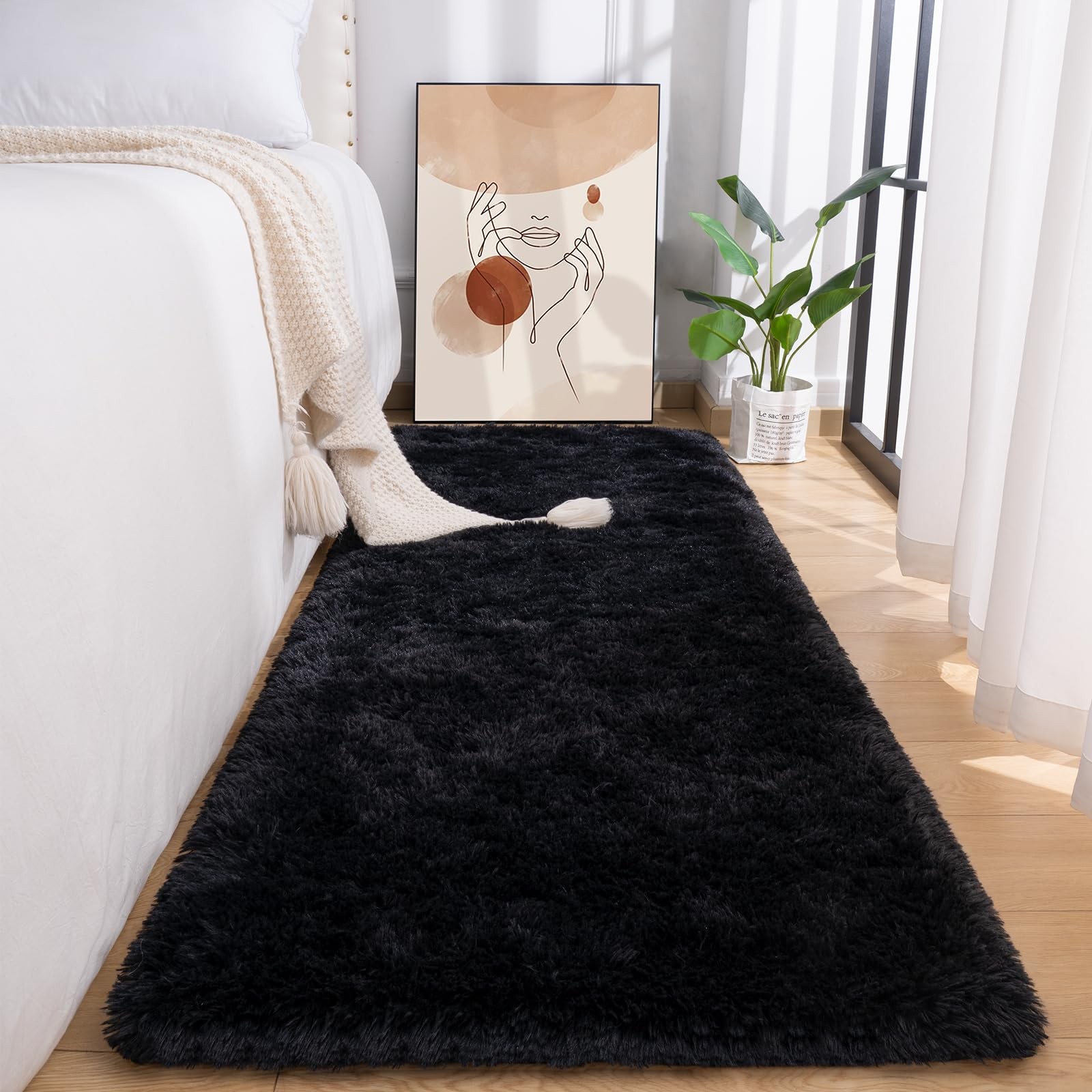 Fluffy Runner Rug for Bedroom Living Room, 2×6 Feet Black Shag Area Rugs, Sof…